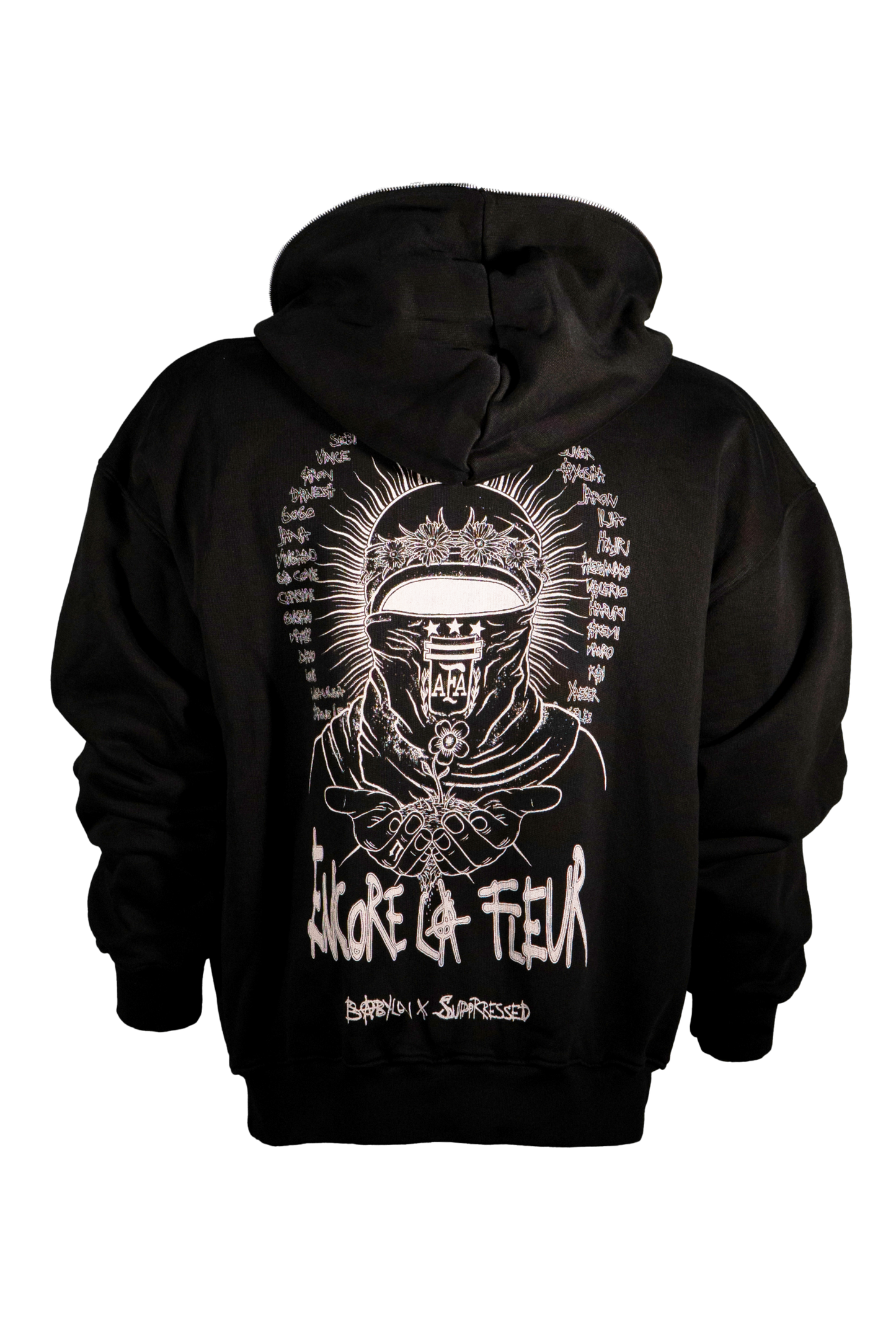 Black hoodie with white graphic design on the back showing a person wearing an argentina flag as mask and the names of the babylon music crew surrounding it.