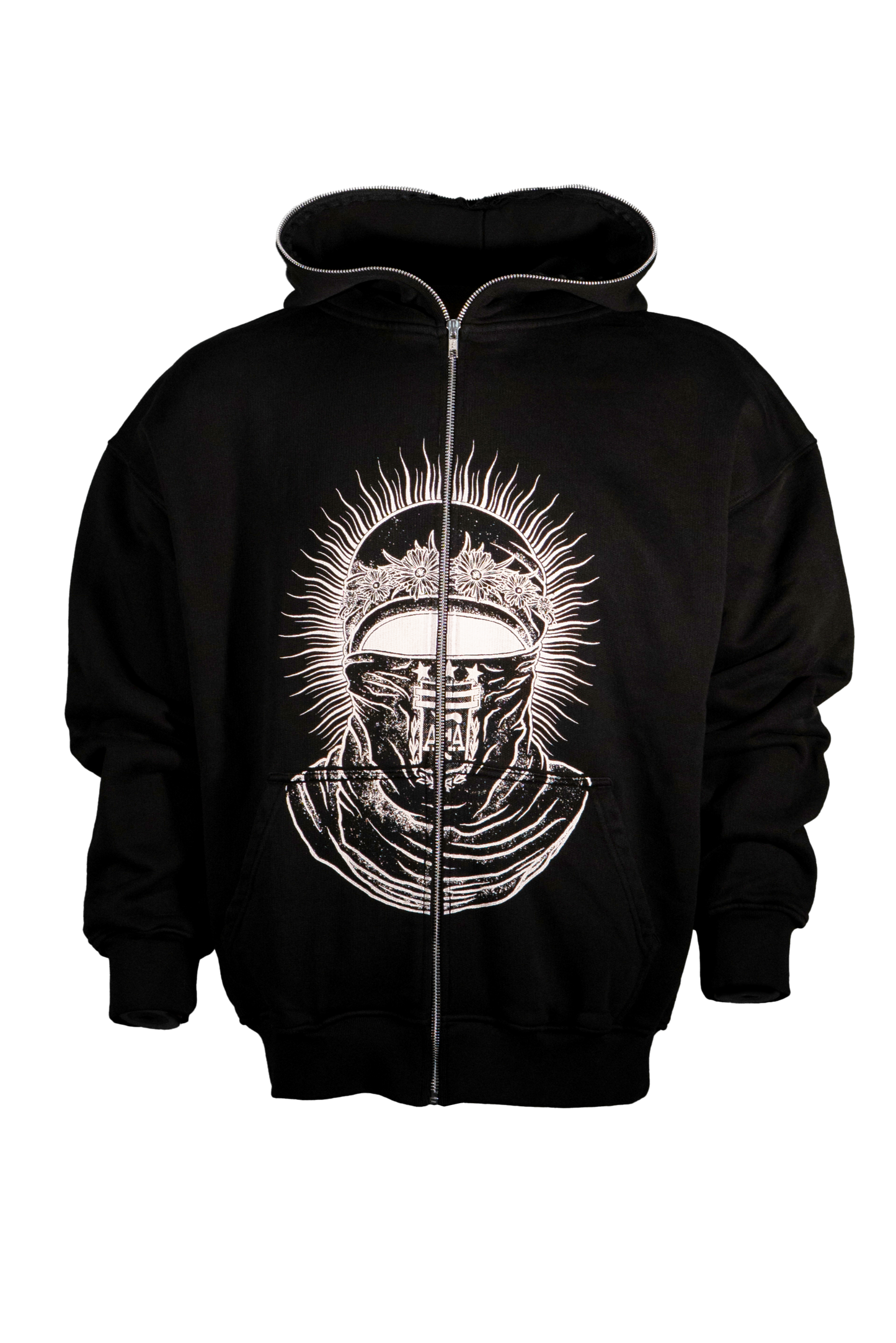 Black hoodie with a white graphic design showing a person wearing an argentina flag as mask.