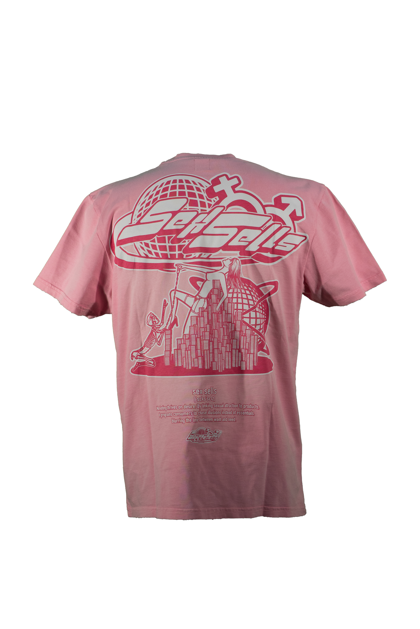 pink suppressed t shirt with a whit print showing a naked woman enslaving a man and symbolizing how sexuality is used to sell
