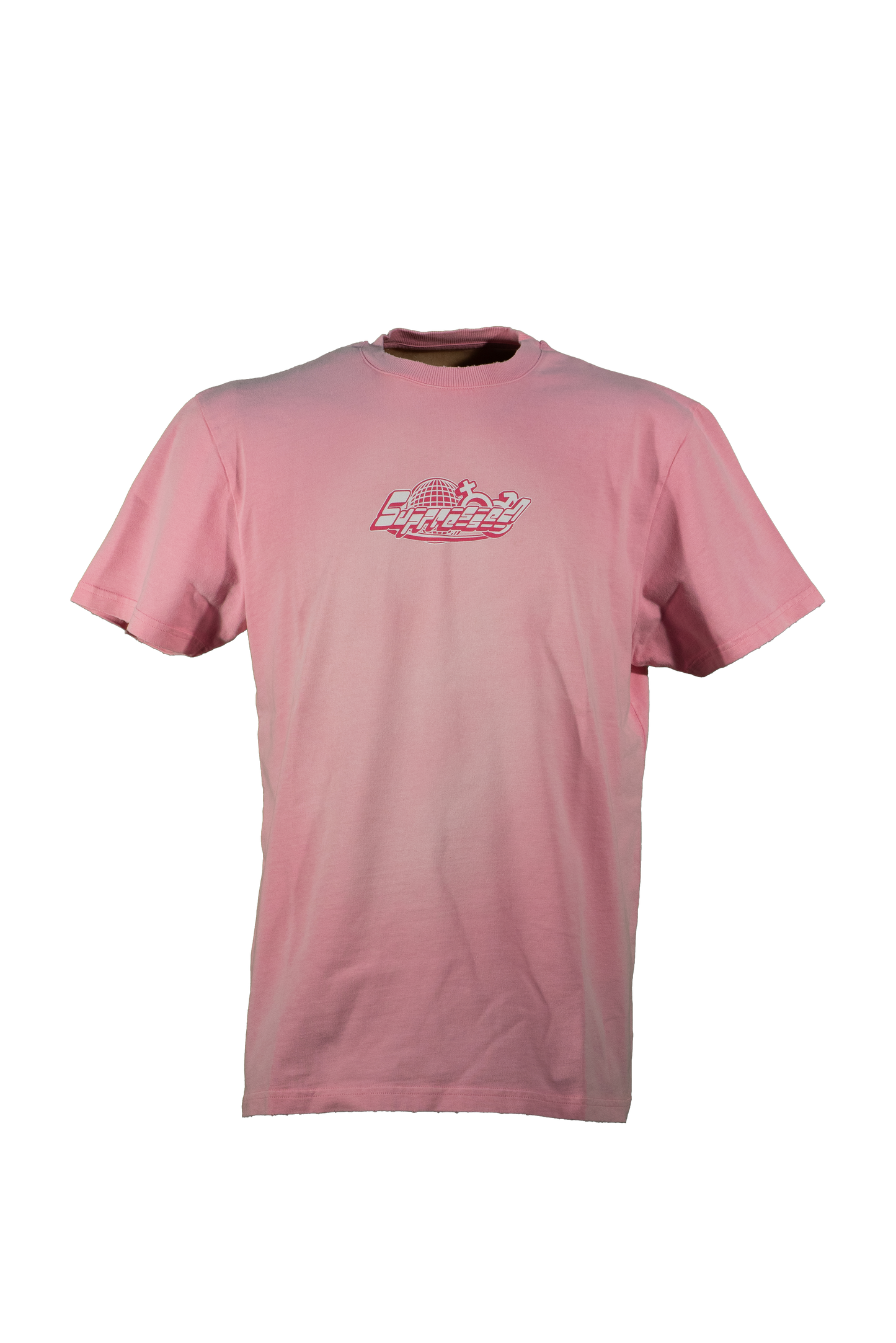 pink suppressed t shirt with a whit print showing a naked woman enslaving a man and symbolizing how sexuality is used to sell