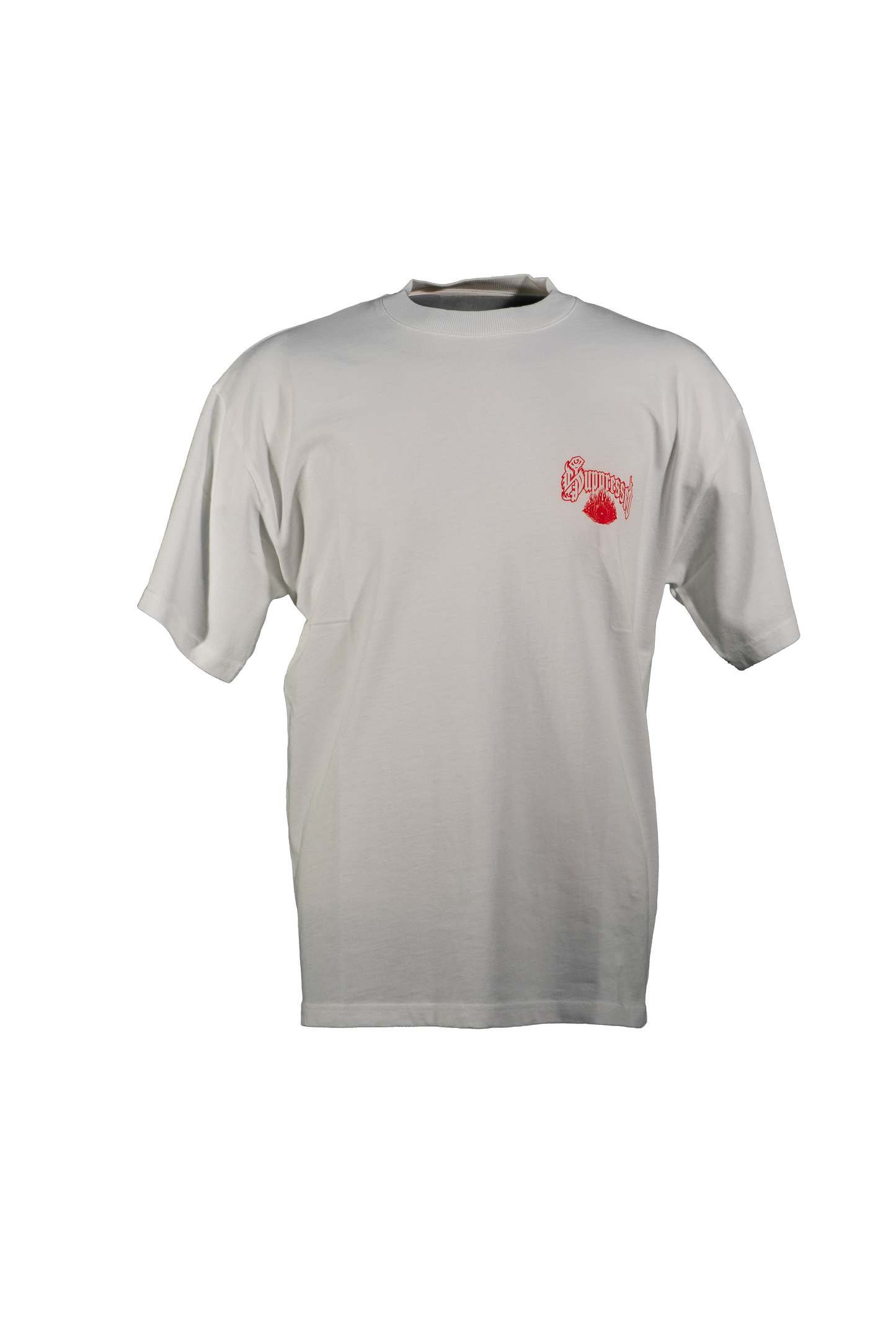 white t shirt with a red logo on the front left chest side