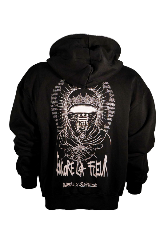 Black hoodie with white graphic design on the back showing a person wearing an argentina flag as mask and the names of the babylon music crew surrounding it.