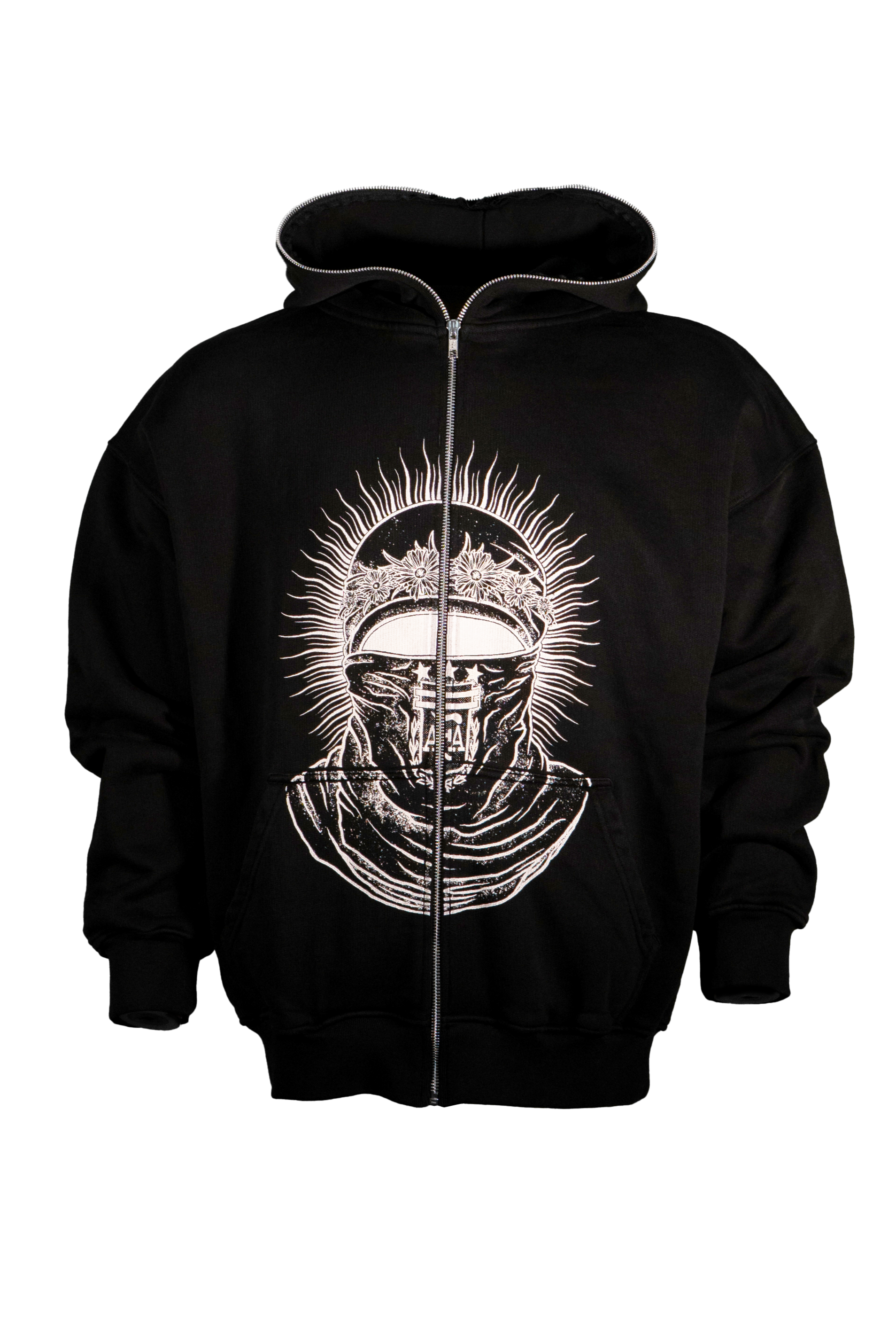 Black hoodie with a white graphic design showing a person wearing an argentina flag as mask.
