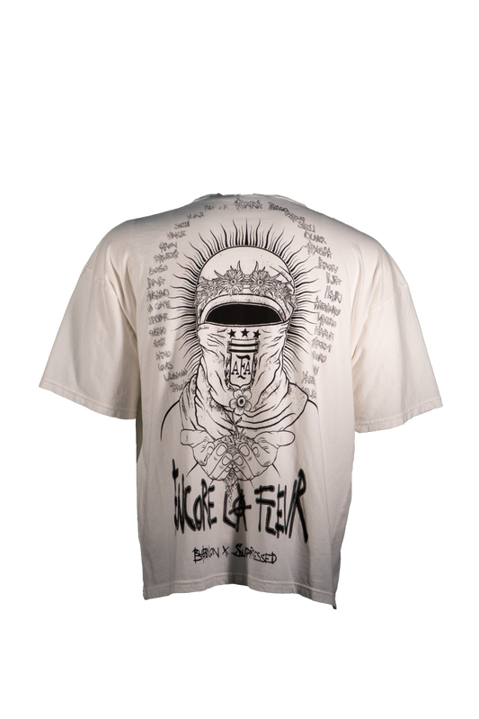 White t-shirt with black graphic design showing a person wearing the argentina flag as mask surrounded by the names of the babylon music crew and friends