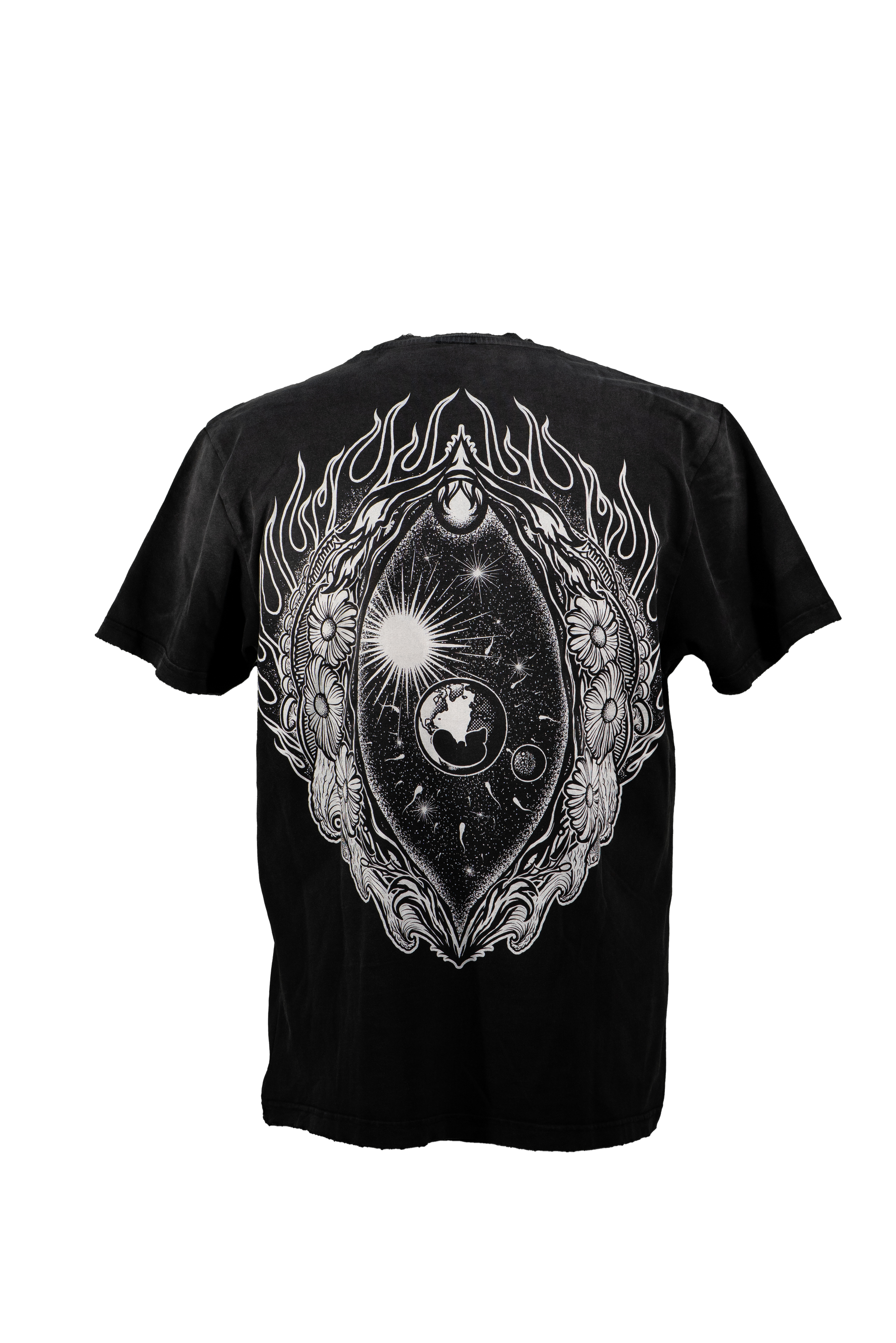 Black t-shirt with intricate white design showing a univers within a vulva