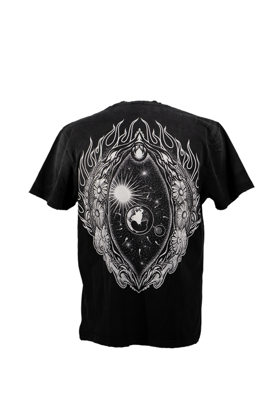 Black t-shirt with intricate white design showing a univers within a vulva