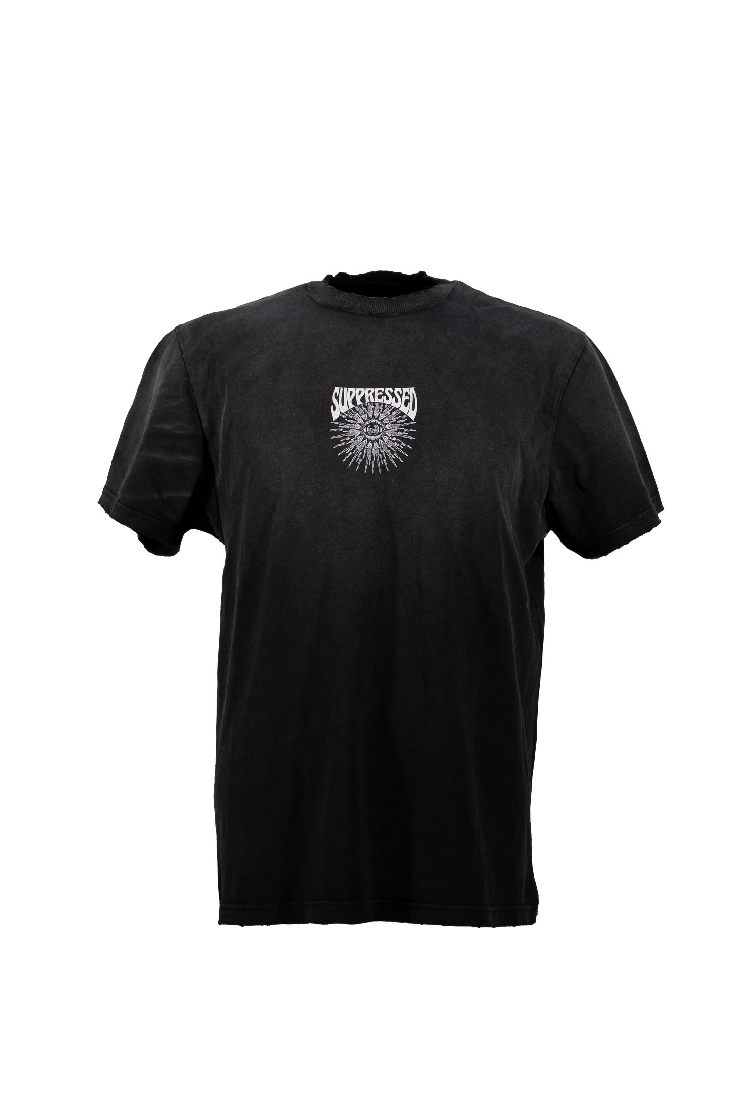 Black t-shirt with a white logo on the chest showing an eye in the middle of a sun below the suppressed logo