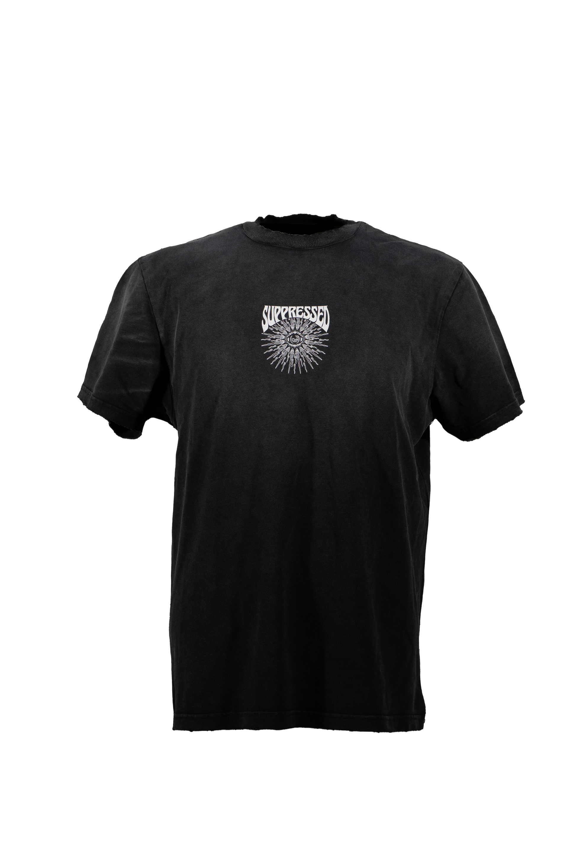 Black t-shirt with a white logo on the chest showing an eye in the middle of a sun below the suppressed logo