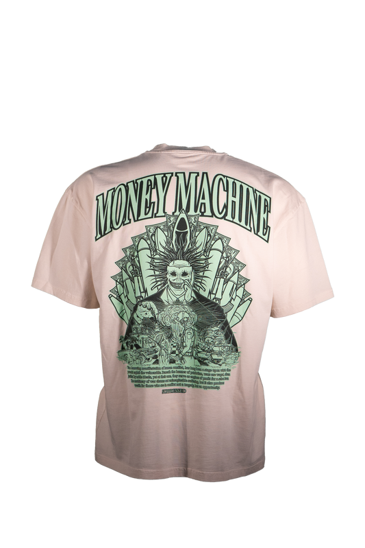 suppressed white t shirt with green print on the back showing the bad side of war profits