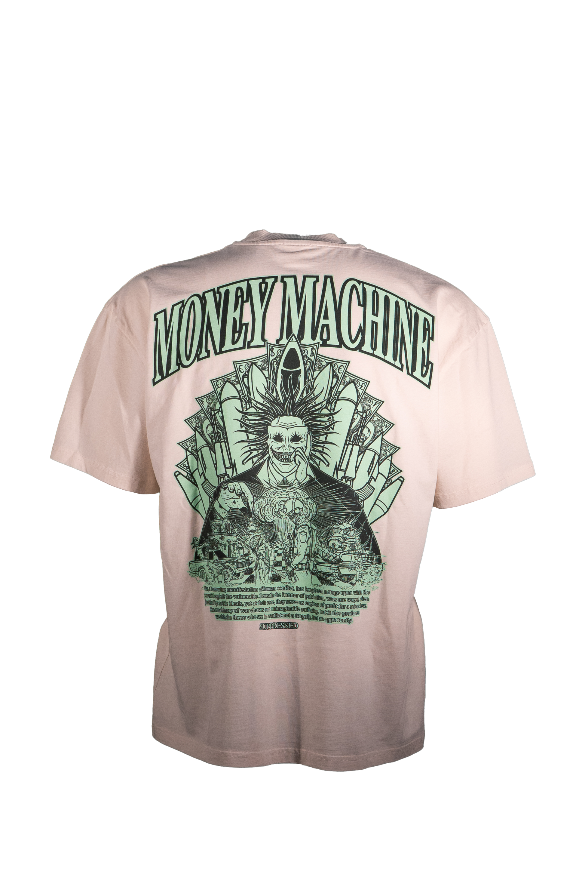 suppressed white t shirt with green print on the back showing the bad side of war profits
