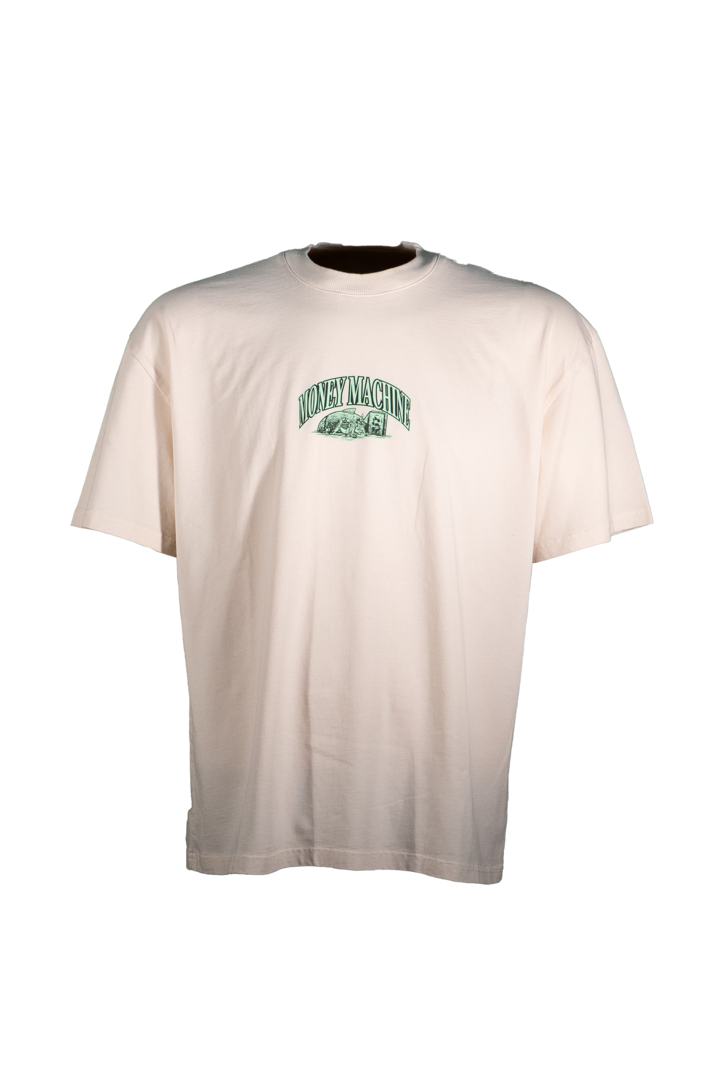 Beige t-shirt with a green logo on a white background