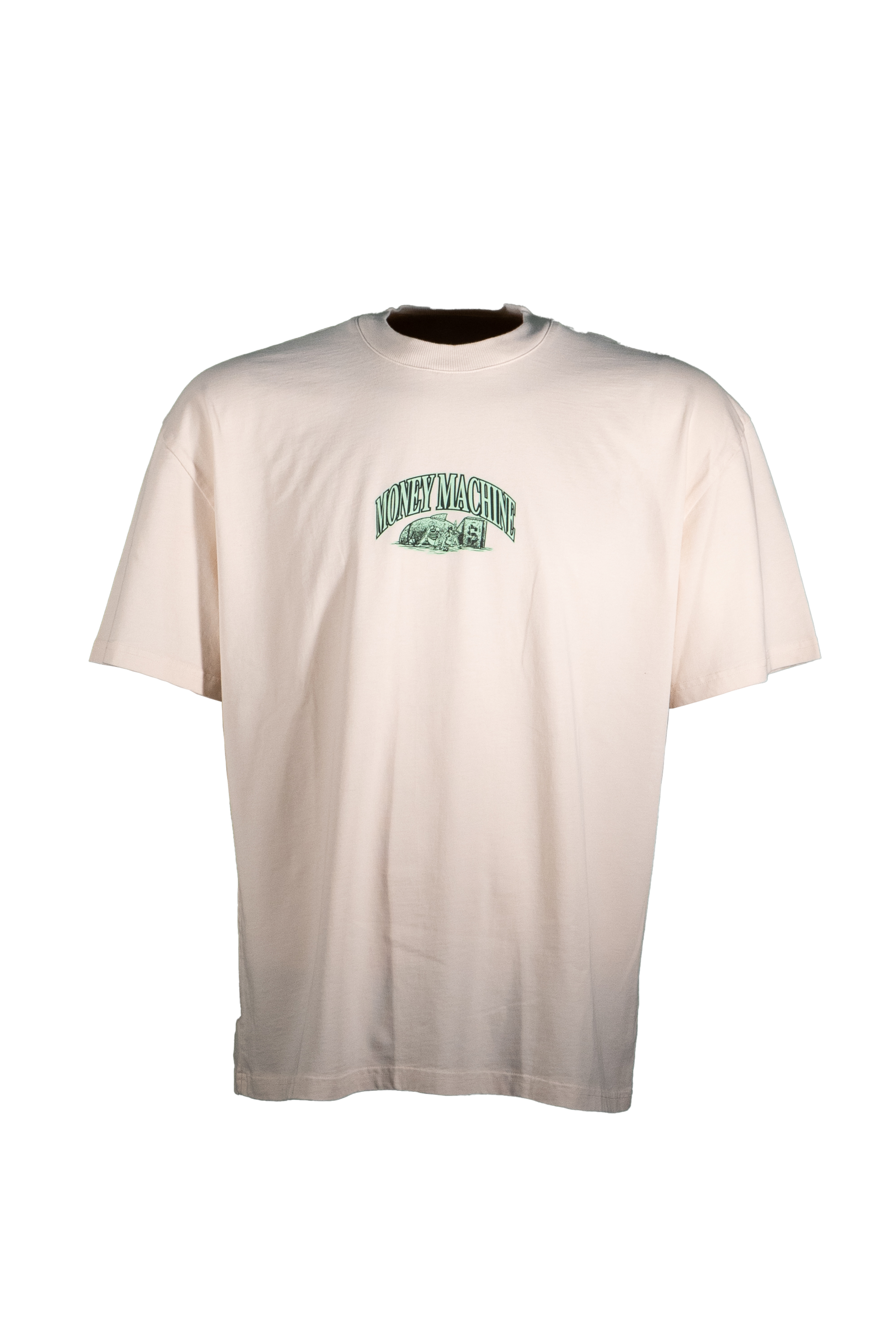Beige t-shirt with a green logo on a white background