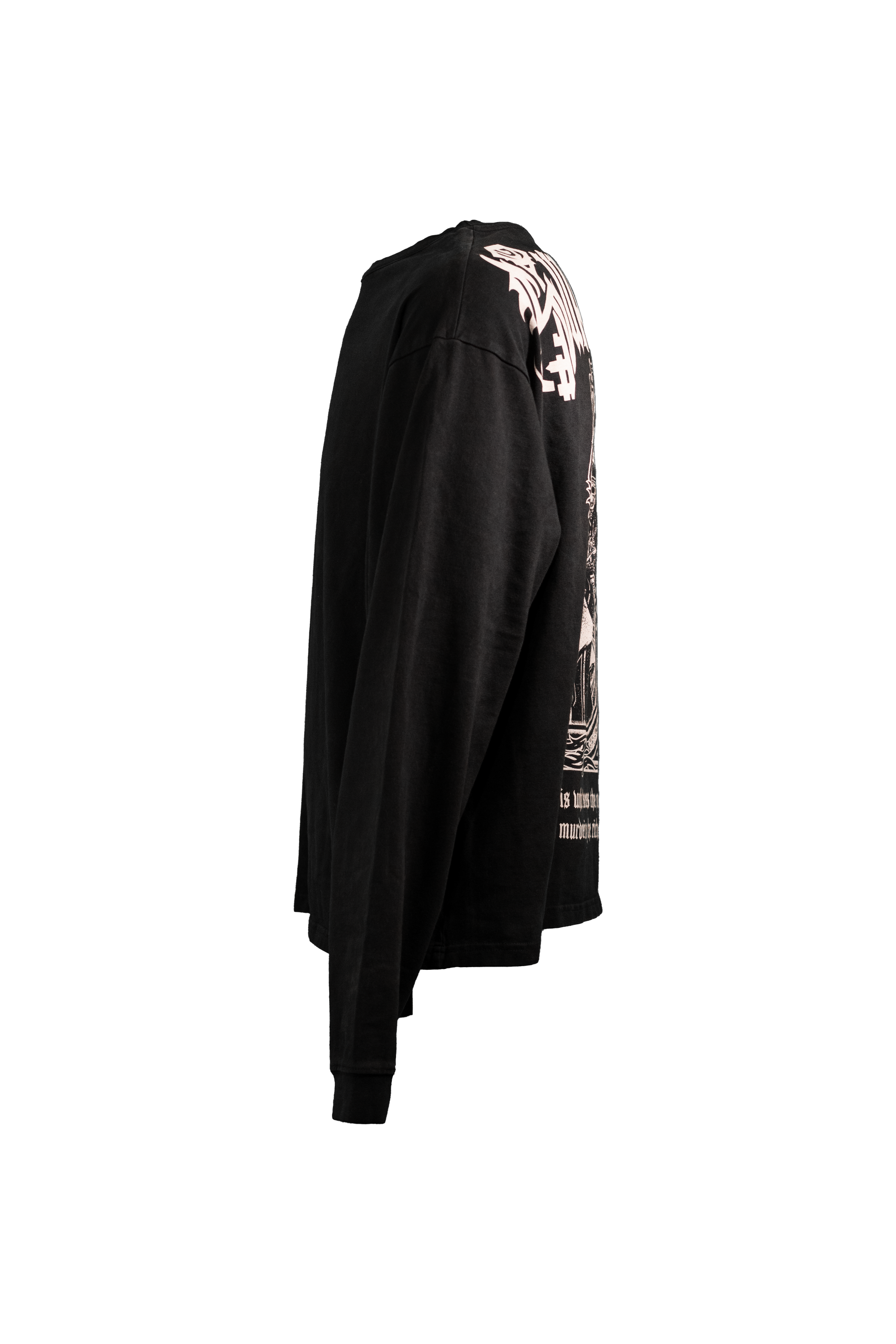 Black longsleeve in 290GSM with white print, addressing themes of religious suppression, from Suppressed clothing.