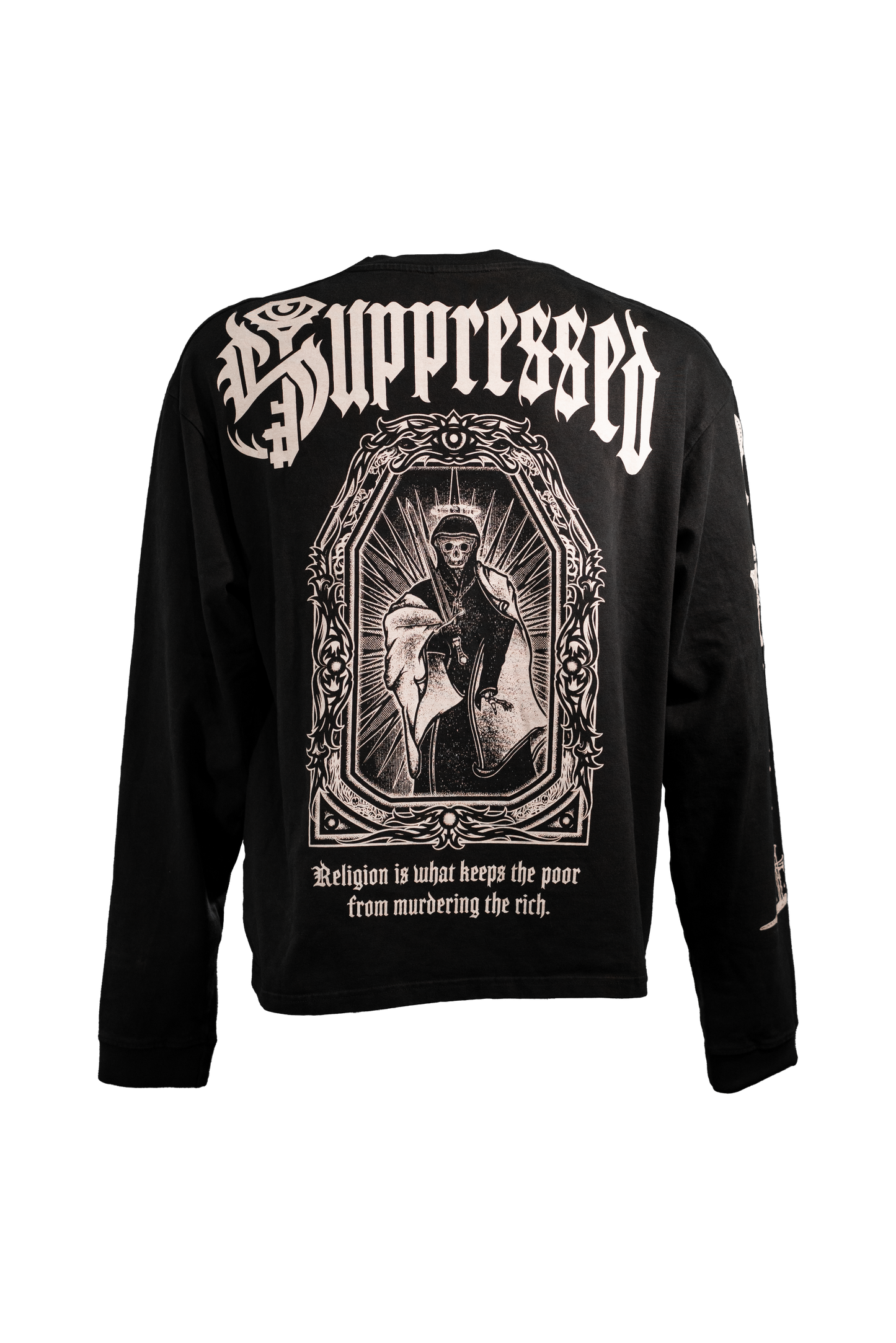 Black longsleeve in 290GSM with white print, addressing themes of religious suppression, from Suppressed clothing.