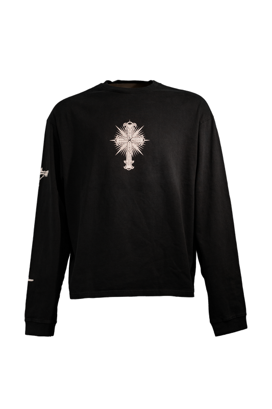 Black longsleeve in 290GSM with white print, addressing themes of religious suppression, from Suppressed clothing.