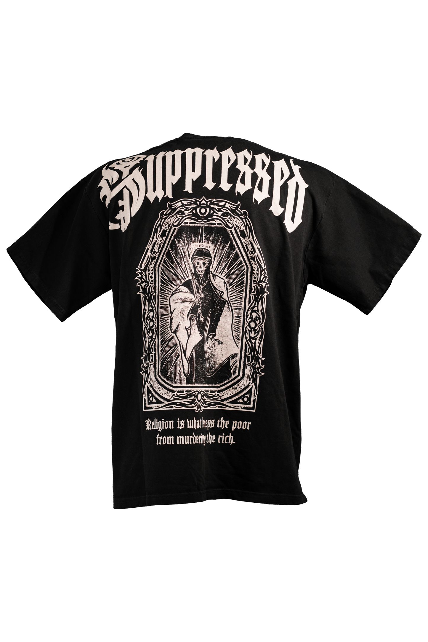 Black T-shirt in 290GSM with white print, addressing themes of religious suppression, from Suppressed clothing.