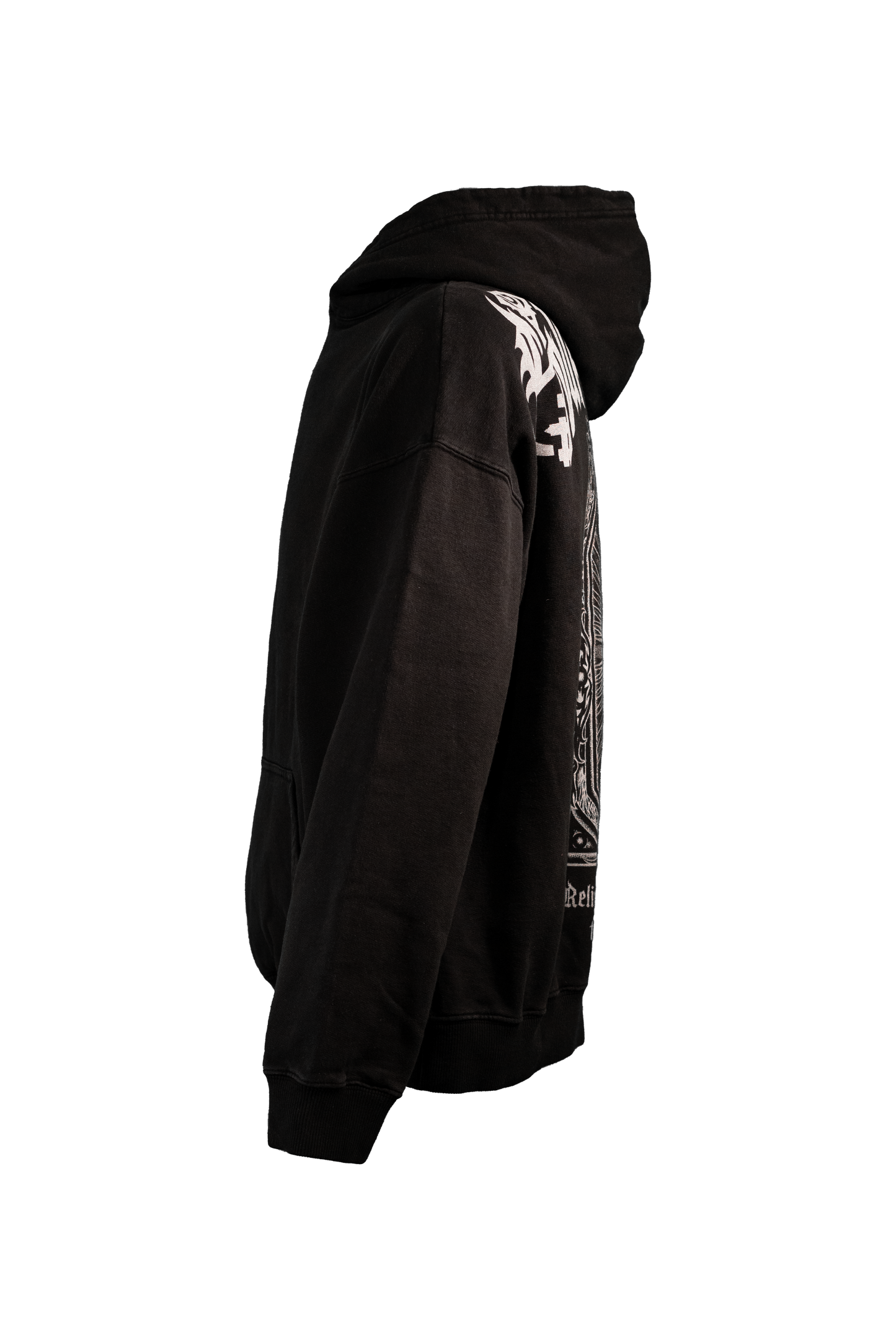 Monk Hoodie in 400GSM vintage black with white-on-black print, challenging themes of religious suppression, from Suppressed clothing.