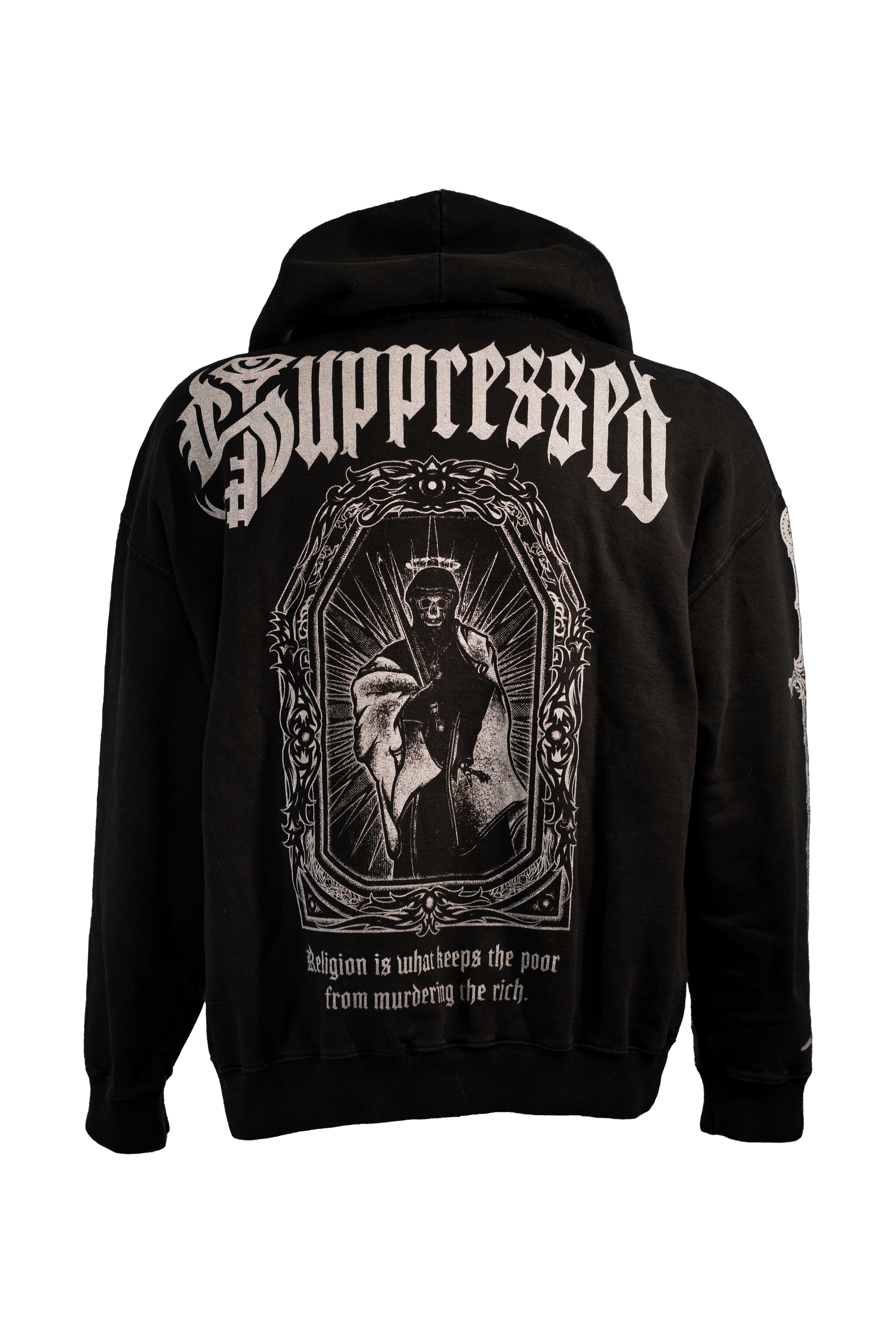 Monk Hoodie in 400GSM vintage black with white-on-black print, challenging themes of religious suppression, from Suppressed clothing.