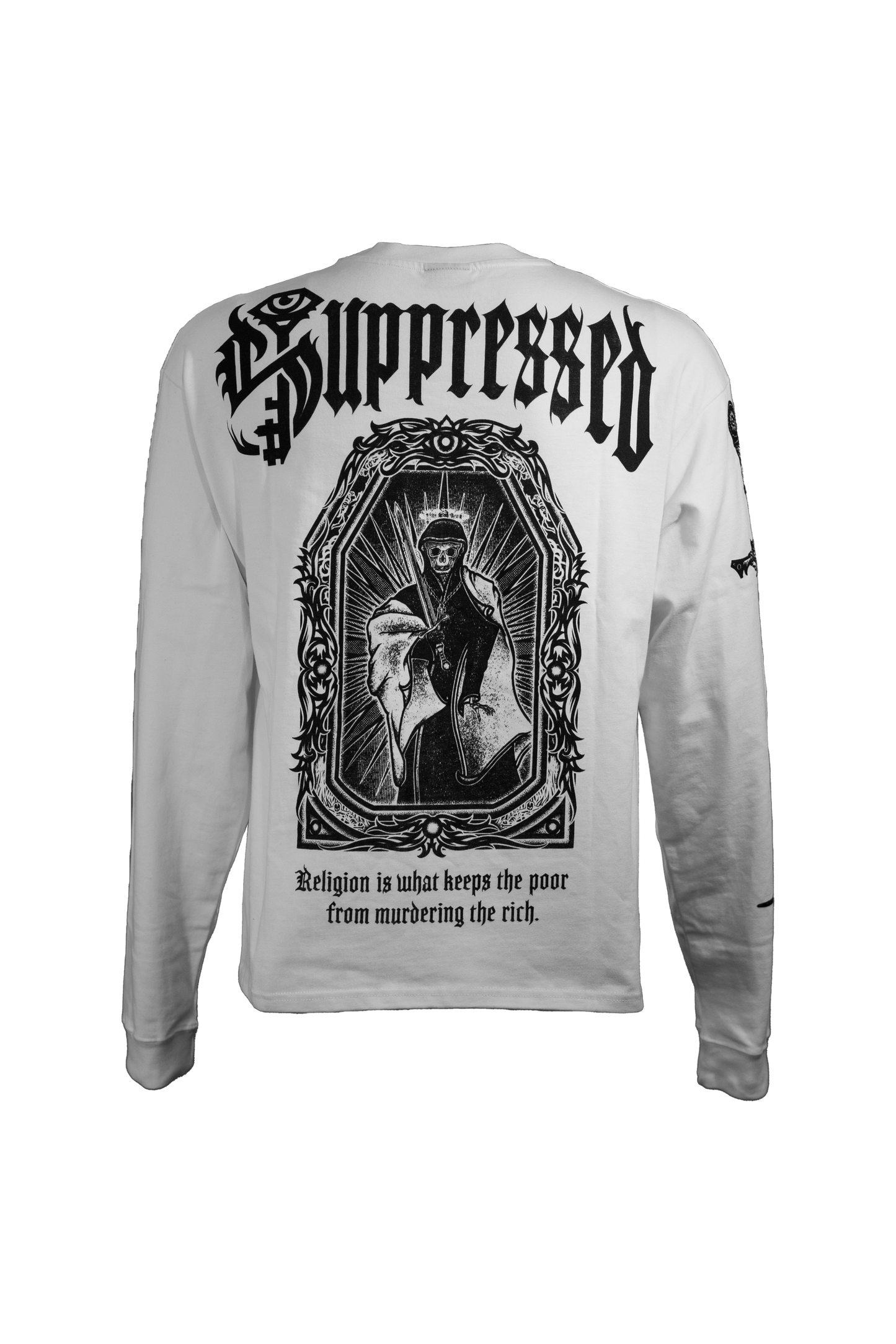 White longsleeve in 290GSM with black print, addressing themes of religious suppression, from Suppressed clothing.