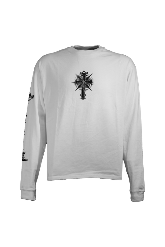 White longsleeve in 290GSM with black print, addressing themes of religious suppression, from Suppressed clothing.