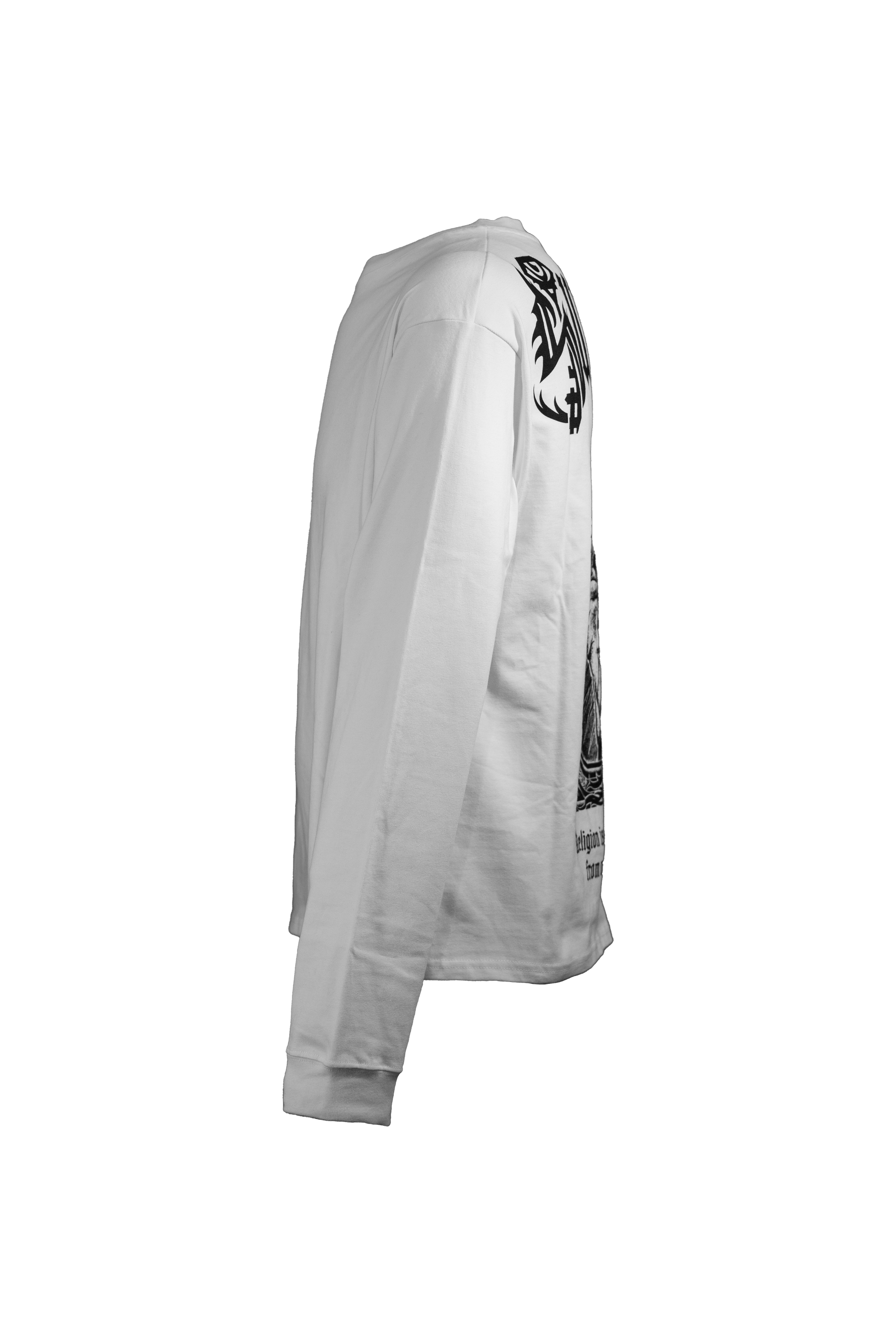 White longsleeve in 290GSM with black print, addressing themes of religious suppression, from Suppressed clothing.