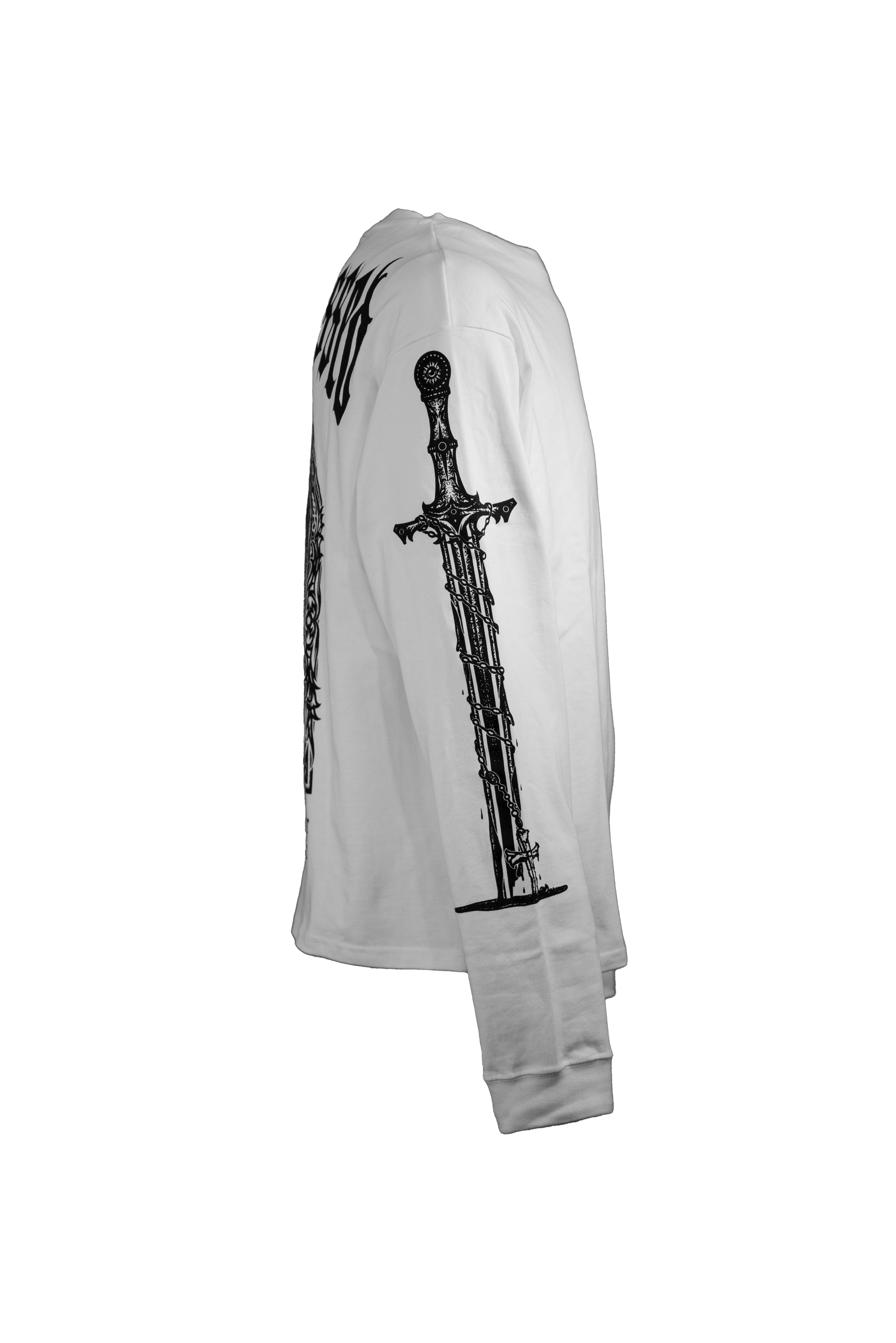 White longsleeve in 290GSM with black print, addressing themes of religious suppression, from Suppressed clothing.