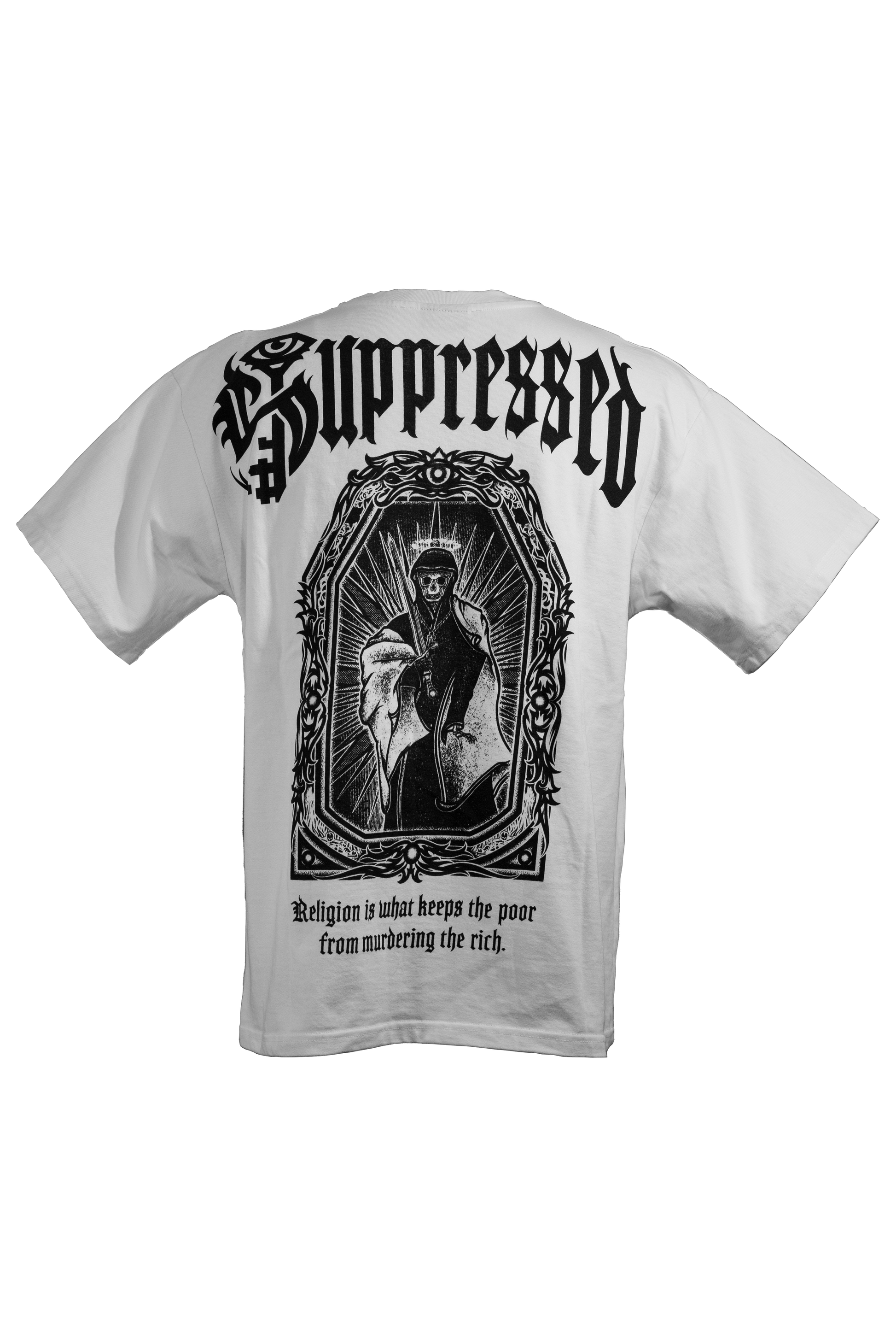 White T-shirt in 290GSM with black print, addressing themes of religious suppression, from Suppressed clothing.