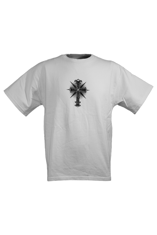 White T-shirt in 290GSM with black print, addressing themes of religious suppression, from Suppressed clothing.