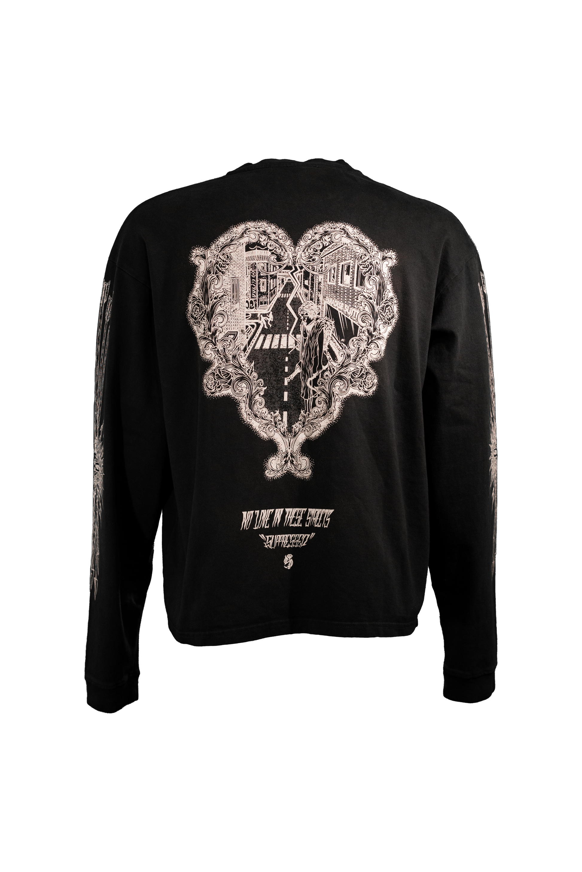 NO LOVE black longsleeve in 290GSM with white print, theme of love and hate, from Suppressed clothing.