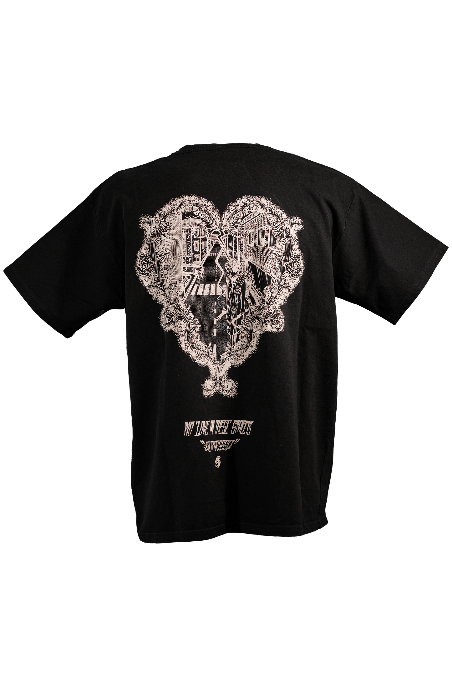 NO LOVE black T-shirt in 290GSM with white print, theme of love and hate, from Suppressed clothing.