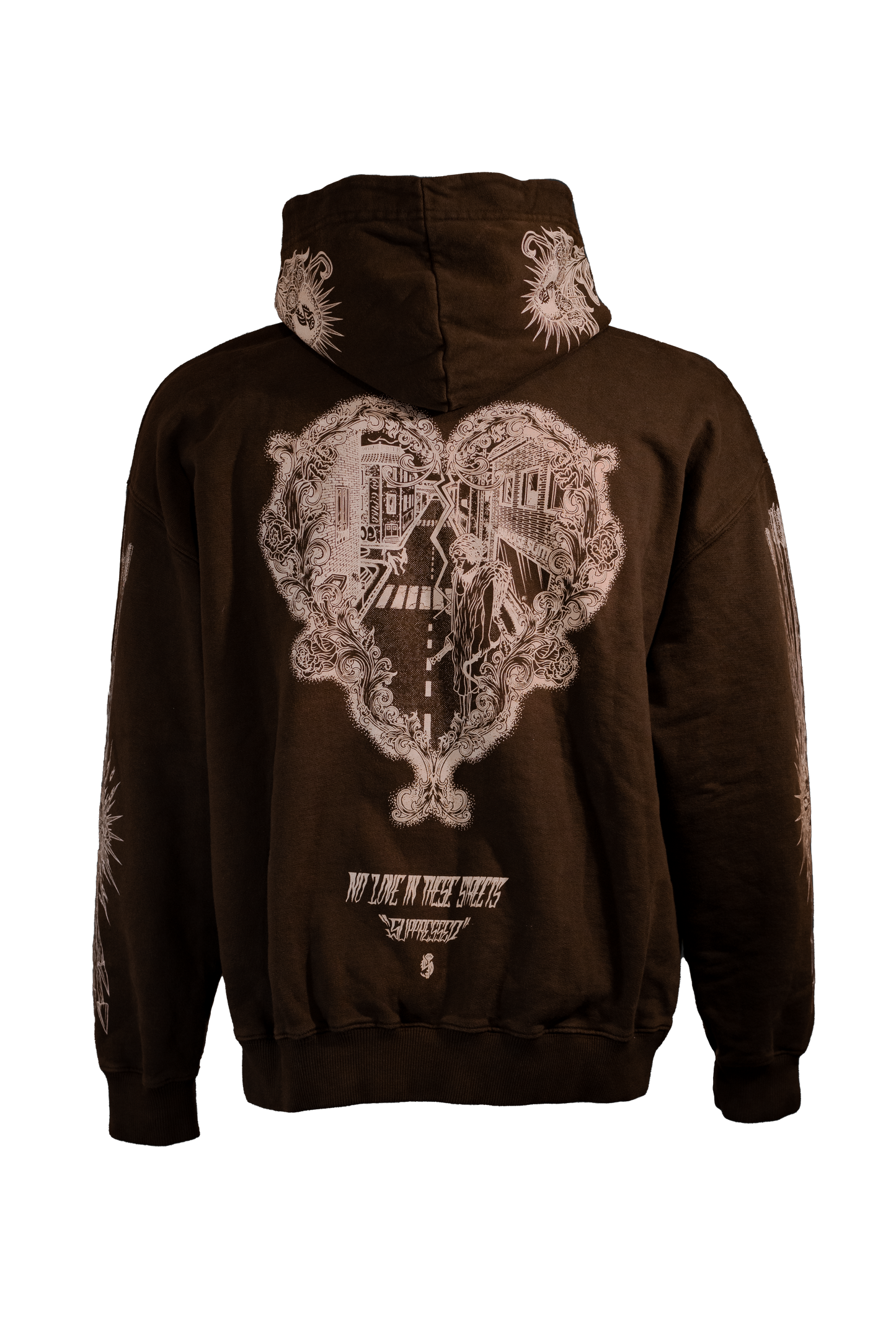 NO LOVE Hoodie in 400GSM chocolate brown with white print, theme of love and hate, from Suppressed clothing.