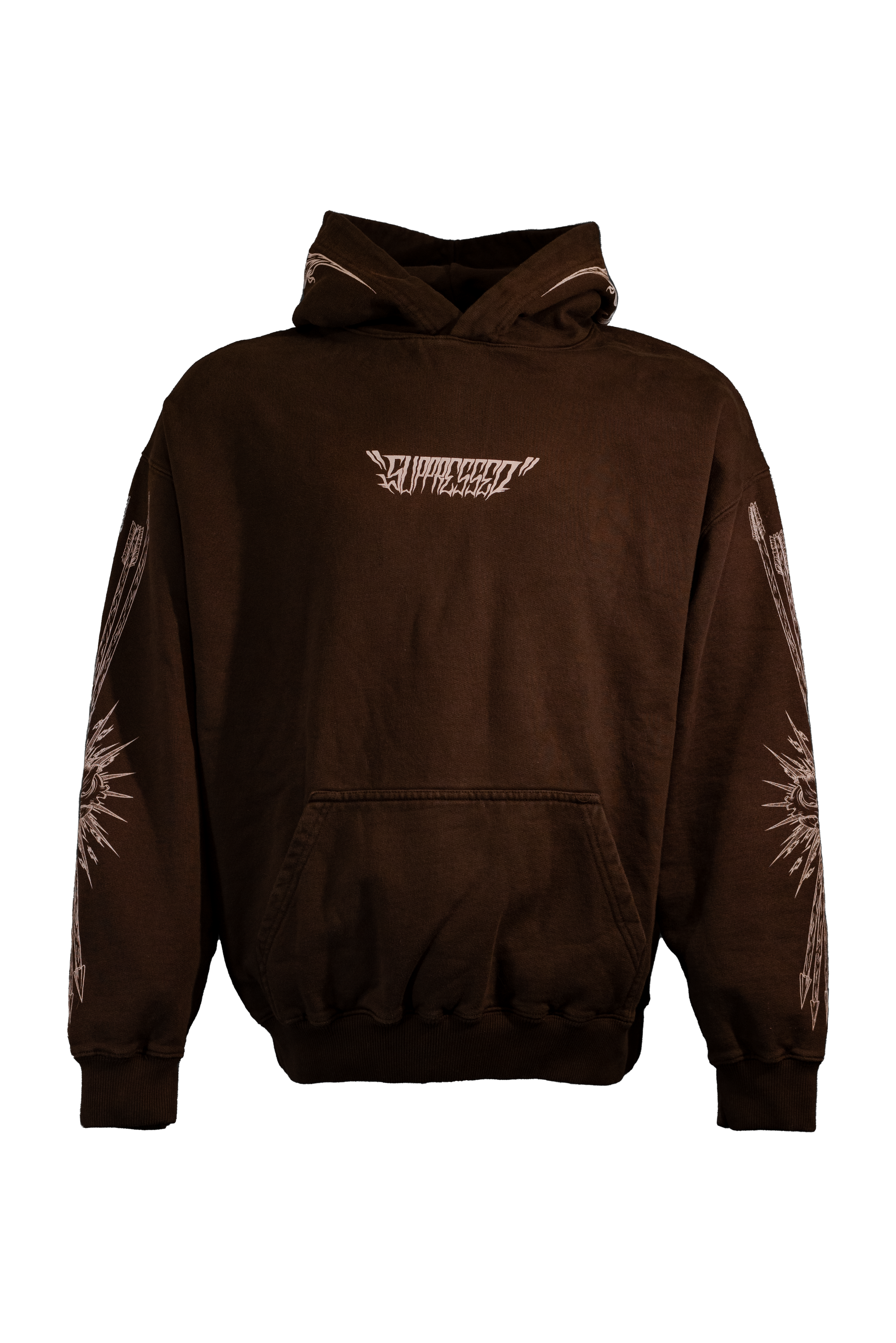 NO LOVE Hoodie in 400GSM chocolate brown with white print, theme of love and hate, from Suppressed clothing.