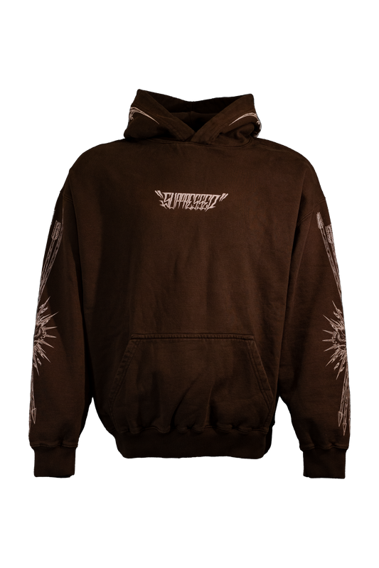 NO LOVE Hoodie in 400GSM chocolate brown with white print, theme of love and hate, from Suppressed clothing.