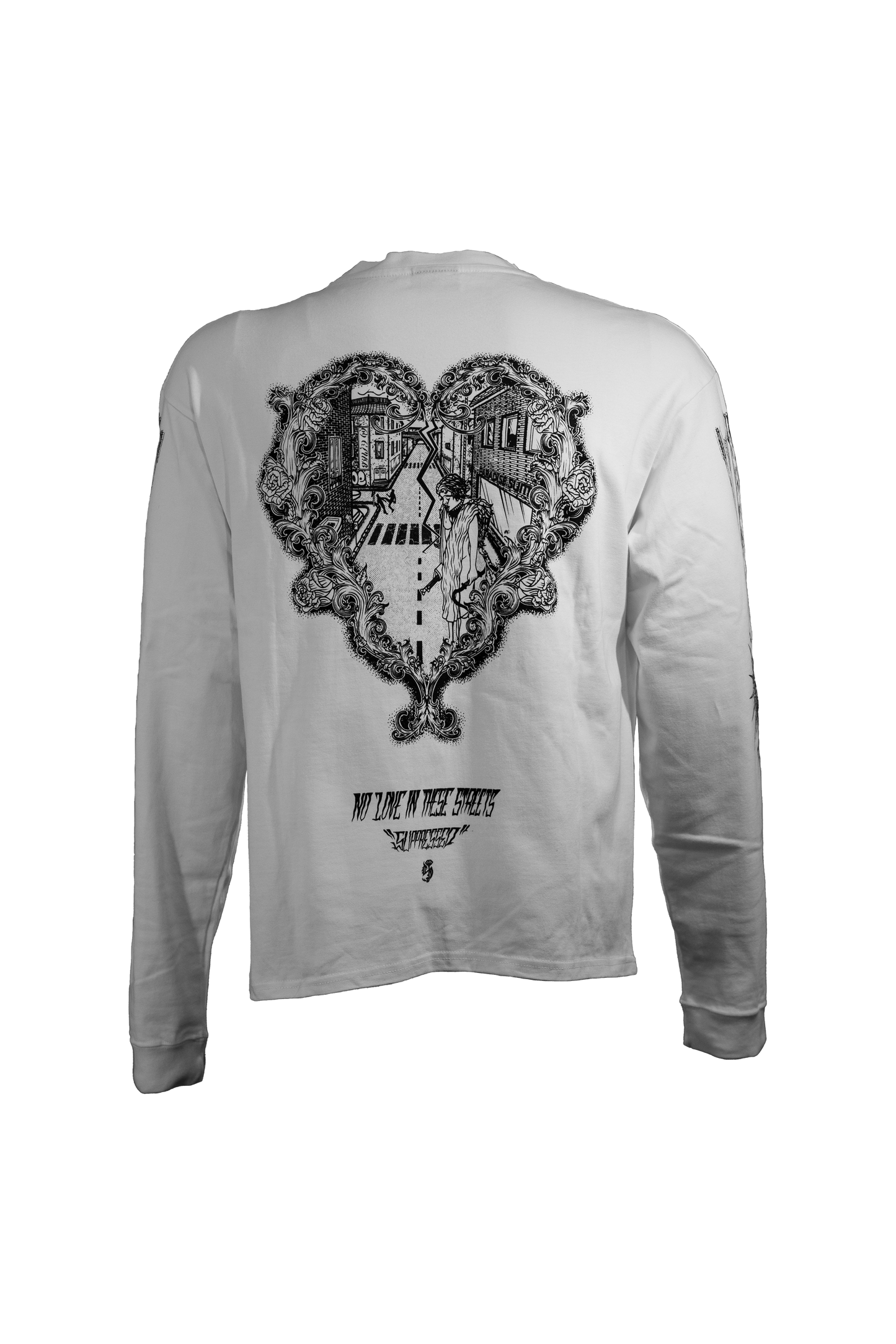 NO LOVE white longsleeve in 290GSM with black print, theme of love and hate, from Suppressed clothing.