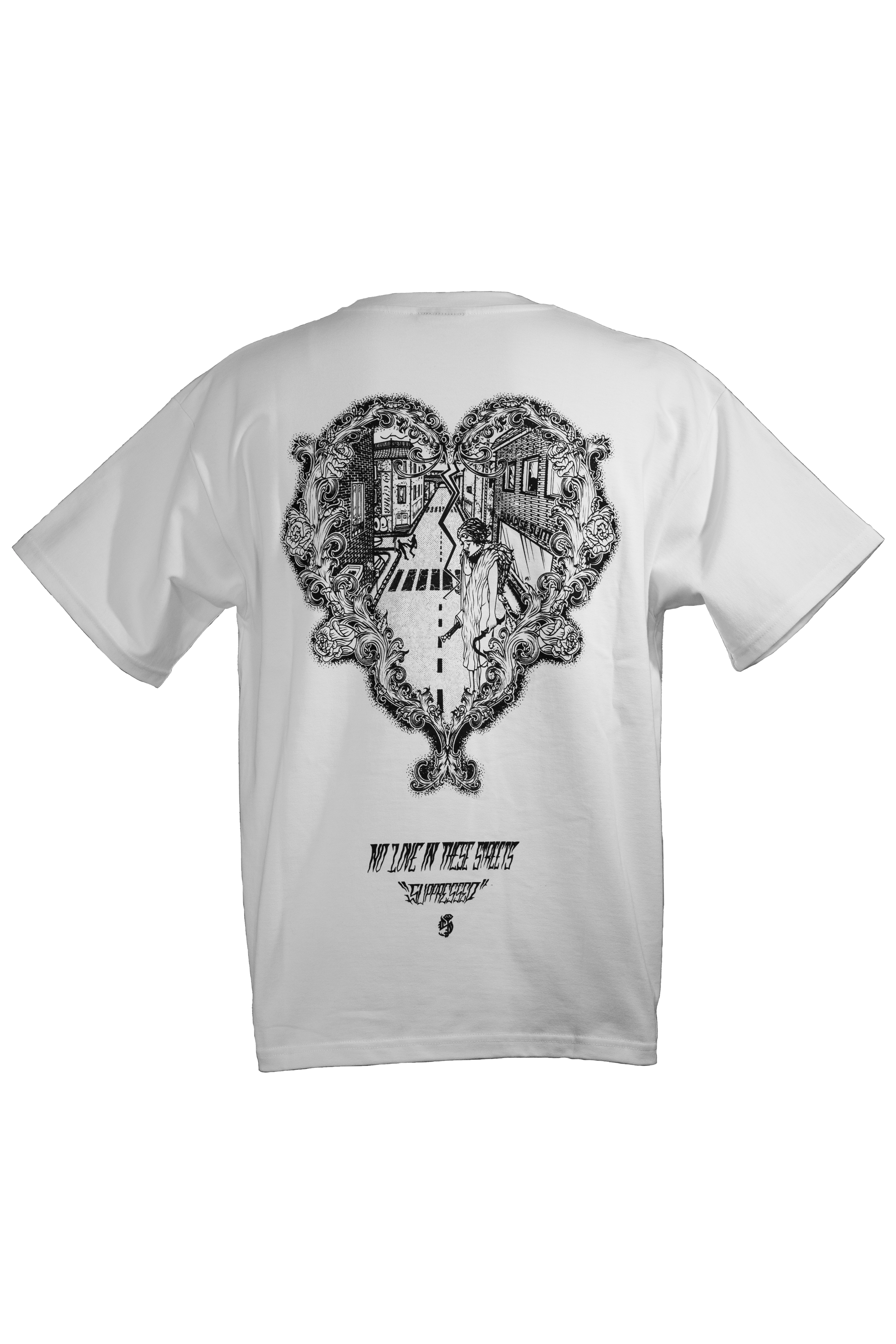 NO LOVE white T-shirt in 290GSM with black print, theme of love and hate, from Suppressed clothing.