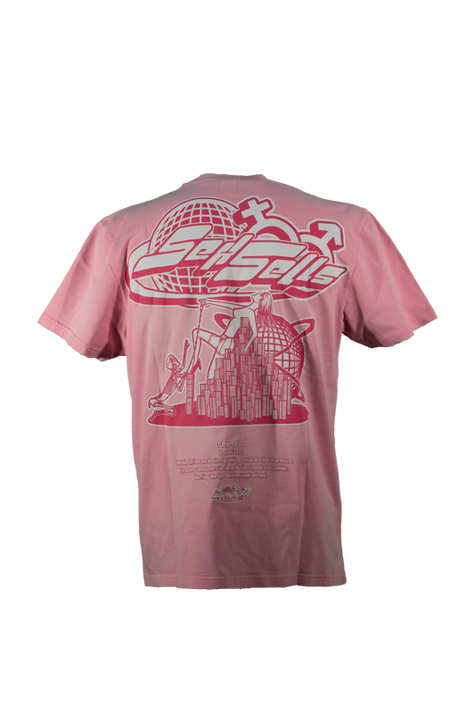 pink suppressed t shirt with a whit print showing a naked woman enslaving a man and symbolizing how sexuality is used to sell 