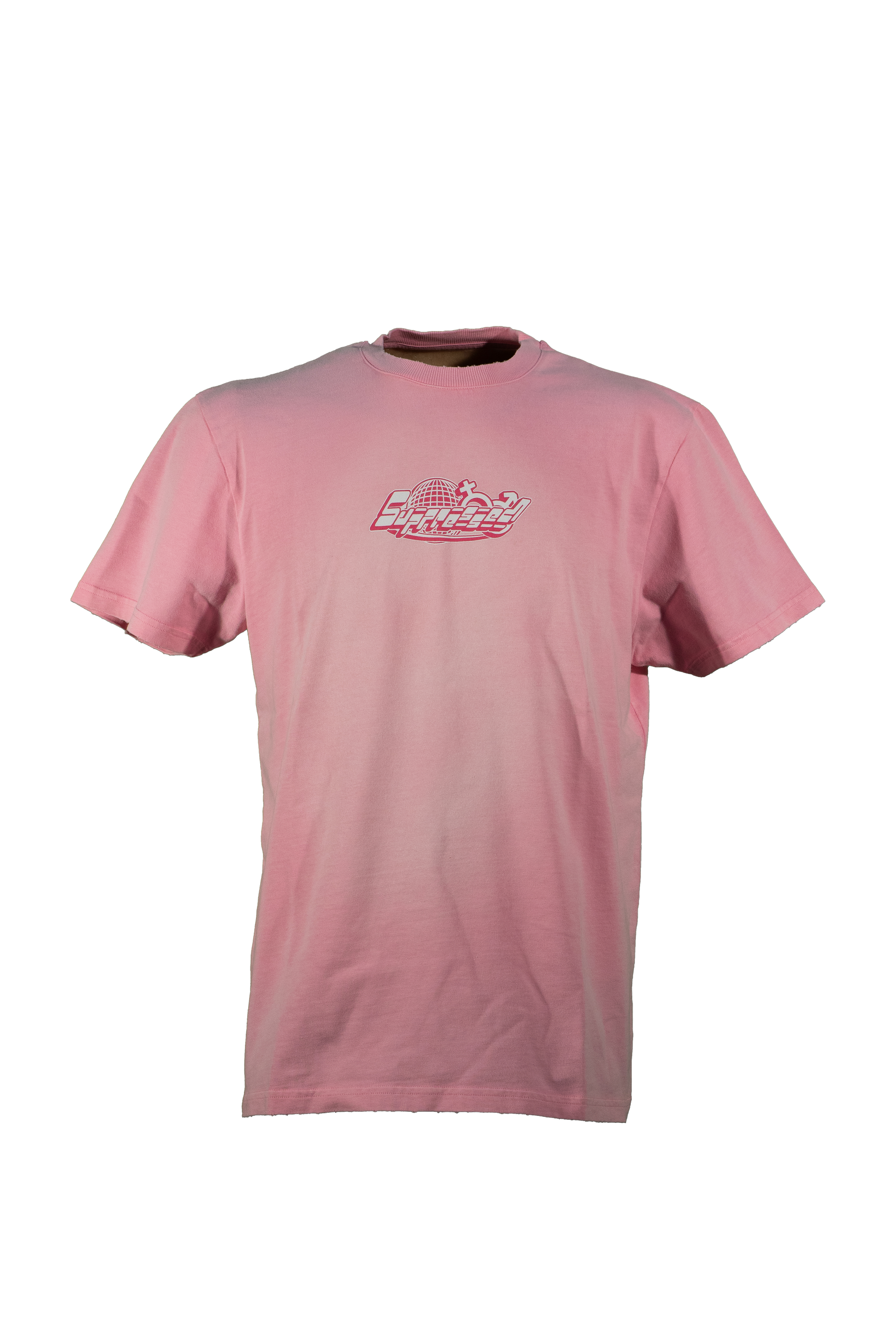 pink suppressed t shirt with a whit print showing a naked woman enslaving a man and symbolizing how sexuality is used to sell 