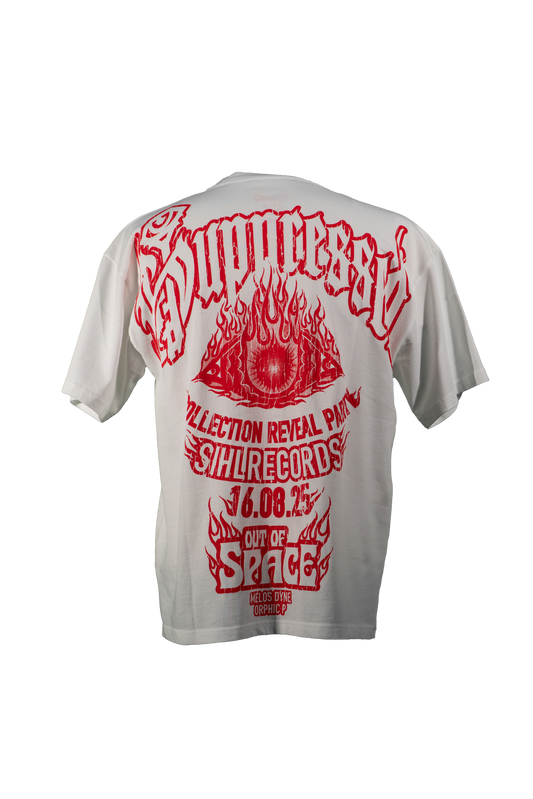 suppressed whit t shirt with red print on backside showing the collab event with outofspace and sihlrecords on 16.08.2025