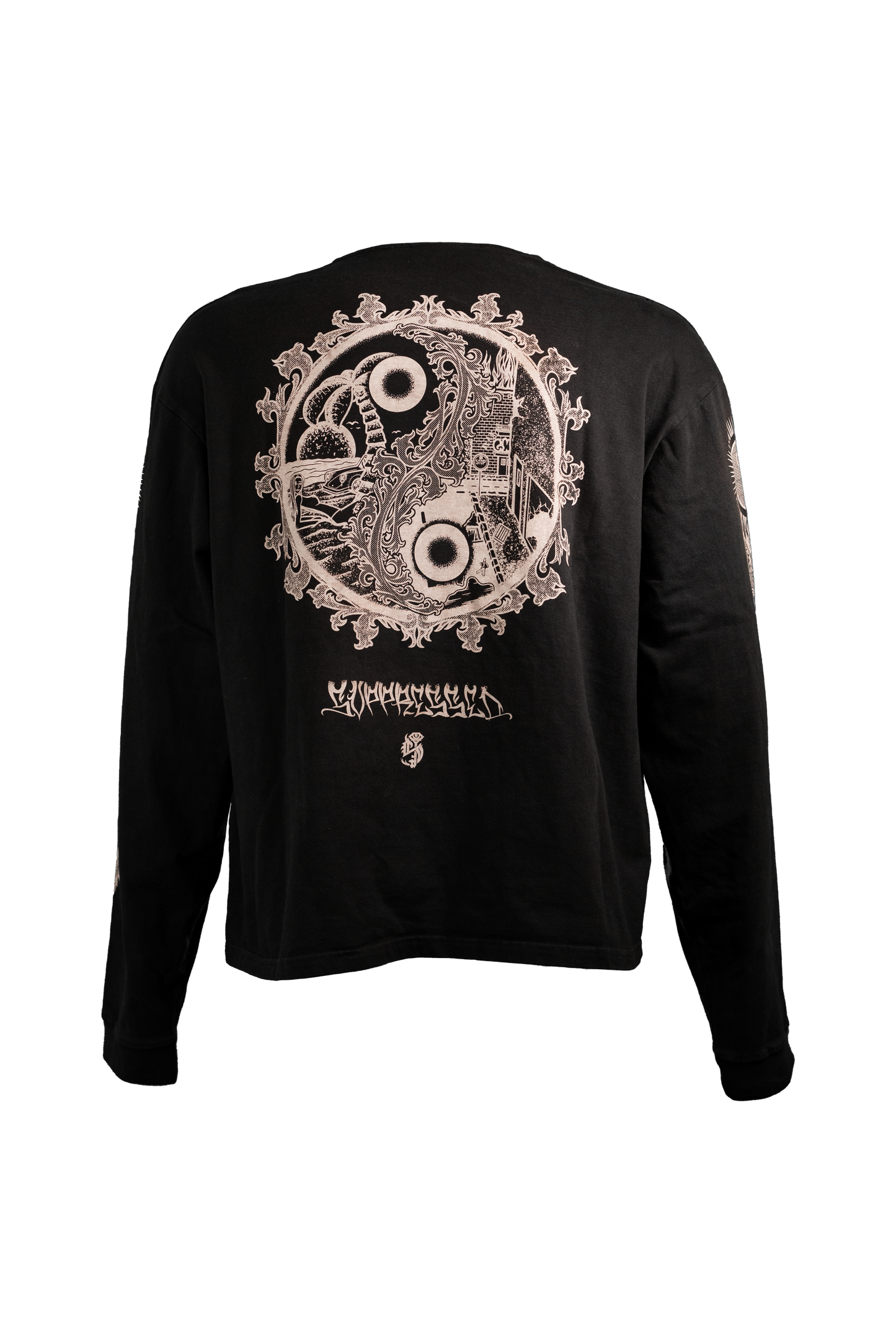 YIN-YANG black longsleeve in 290GSM with white print, theme of perspective and balance, from Suppressed clothing.