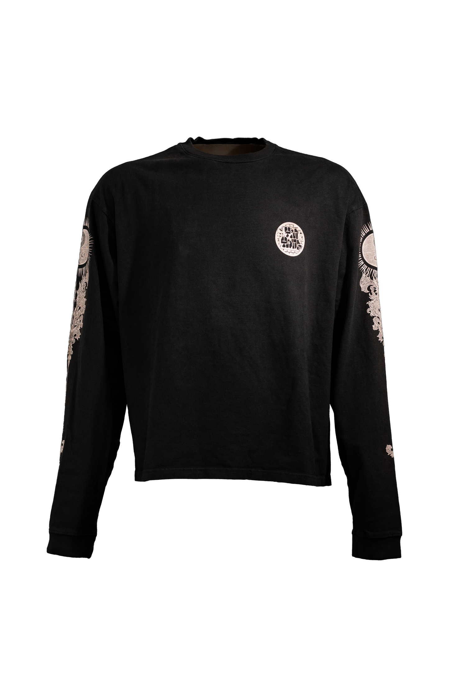 YIN-YANG black longsleeve in 290GSM with white print, theme of perspective and balance, from Suppressed clothing.