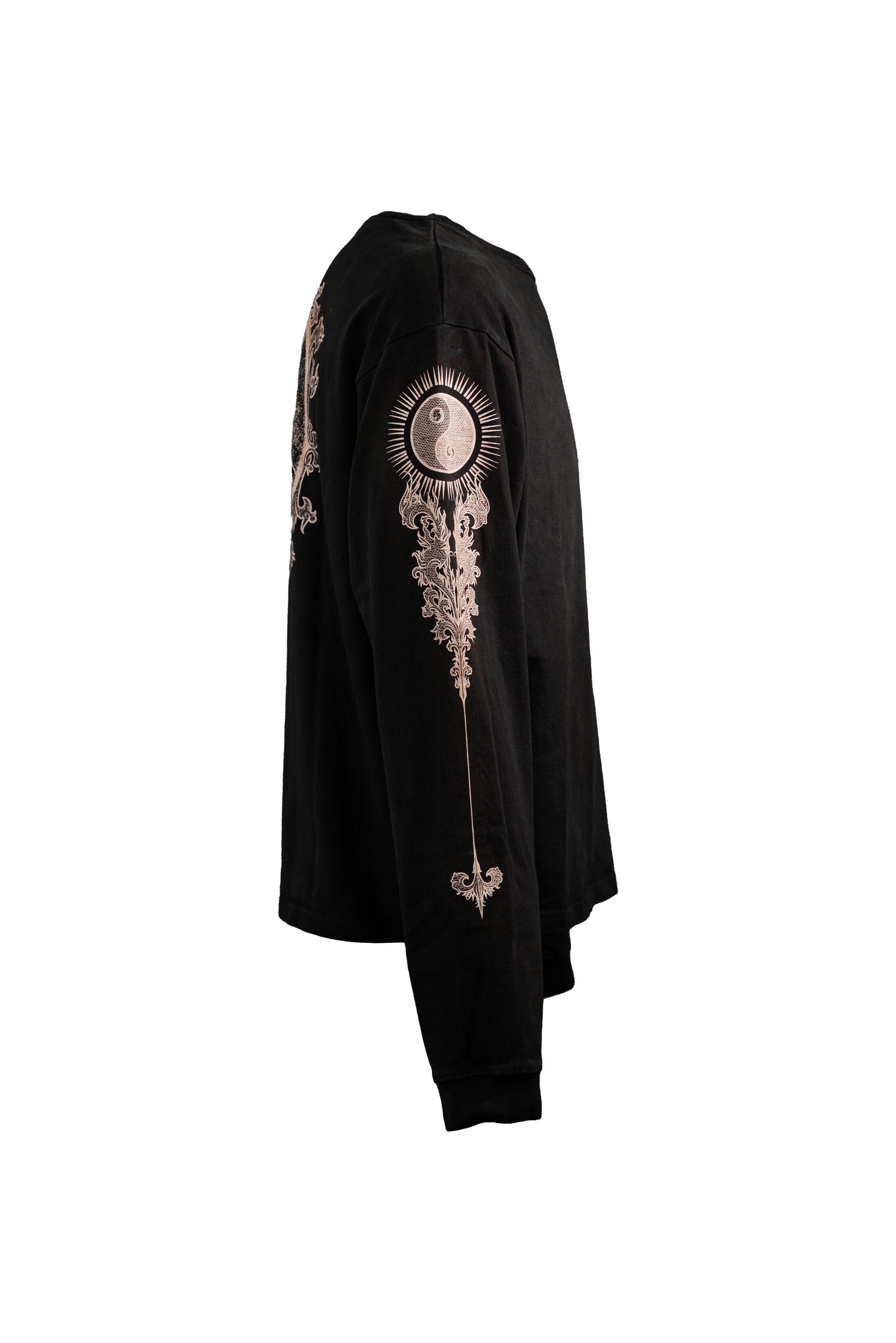 YIN-YANG black longsleeve in 290GSM with white print, theme of perspective and balance, from Suppressed clothing.