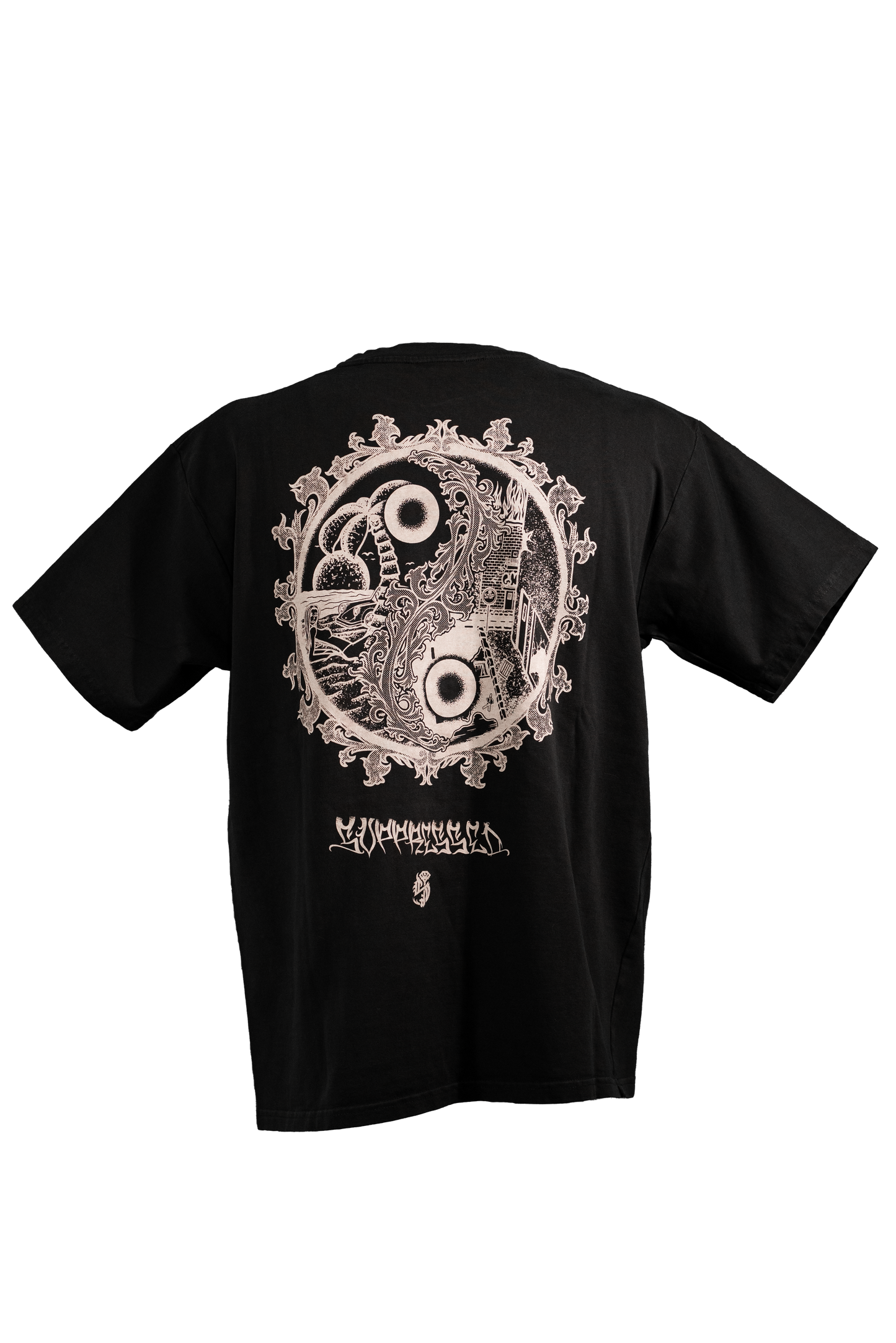 YIN-YANG black T-shirt in 290GSM with white print, theme of perspective and balance, from Suppressed clothing.