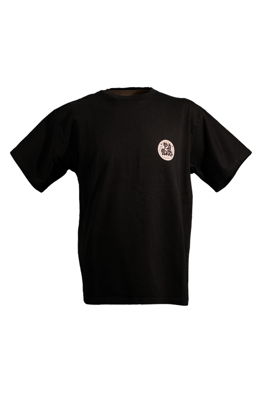 YIN-YANG black T-shirt in 290GSM with white print, theme of perspective and balance, from Suppressed clothing.