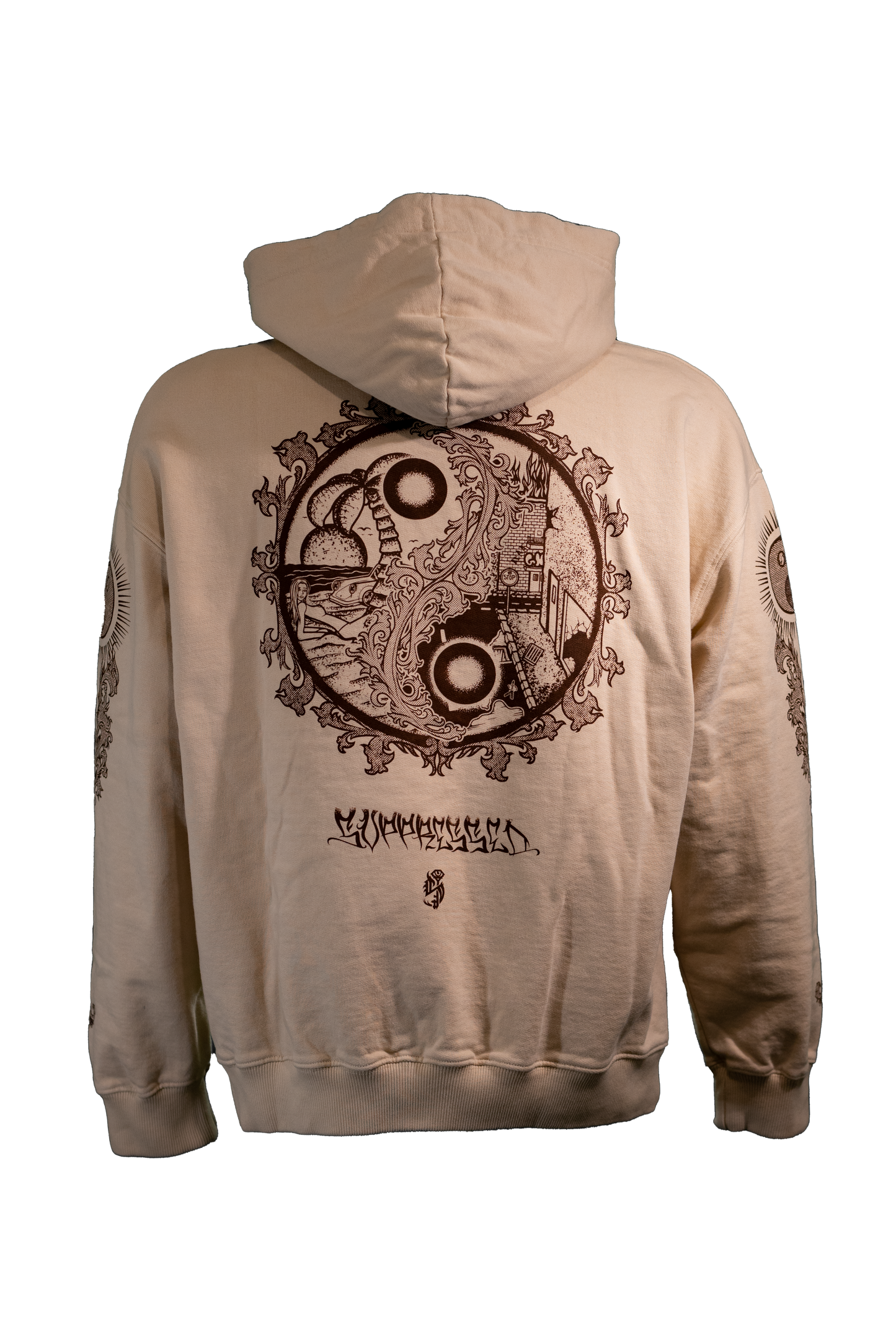 YIN-YANG Hoodie in 400GSM cloud cream with brown print, theme of perspective and balance, from Suppressed clothing.