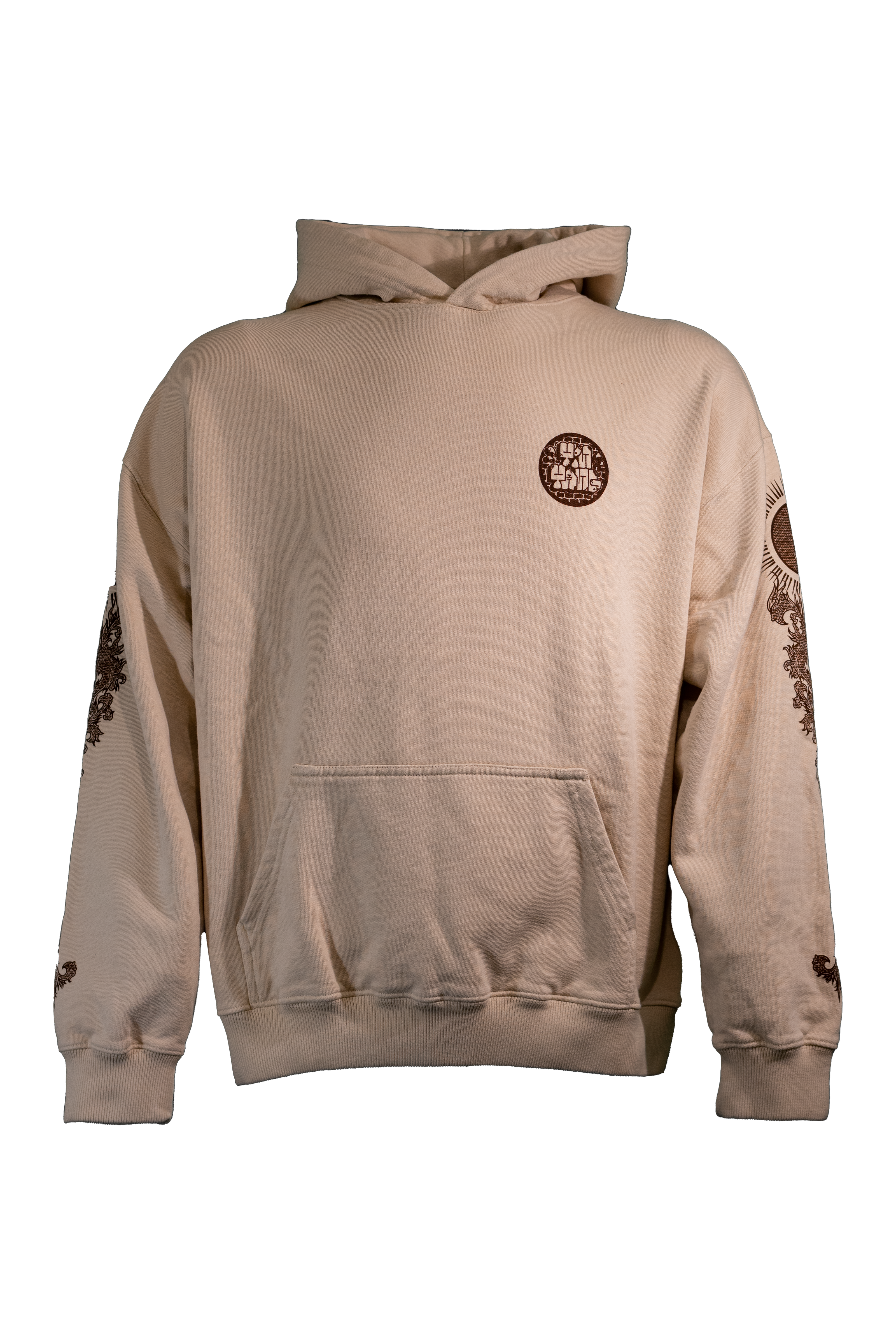 YIN-YANG Hoodie in 400GSM cloud cream with brown print, theme of perspective and balance, from Suppressed clothing.