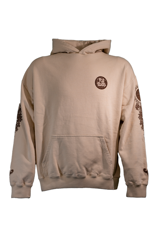 YIN-YANG Hoodie in 400GSM cloud cream with brown print, theme of perspective and balance, from Suppressed clothing.