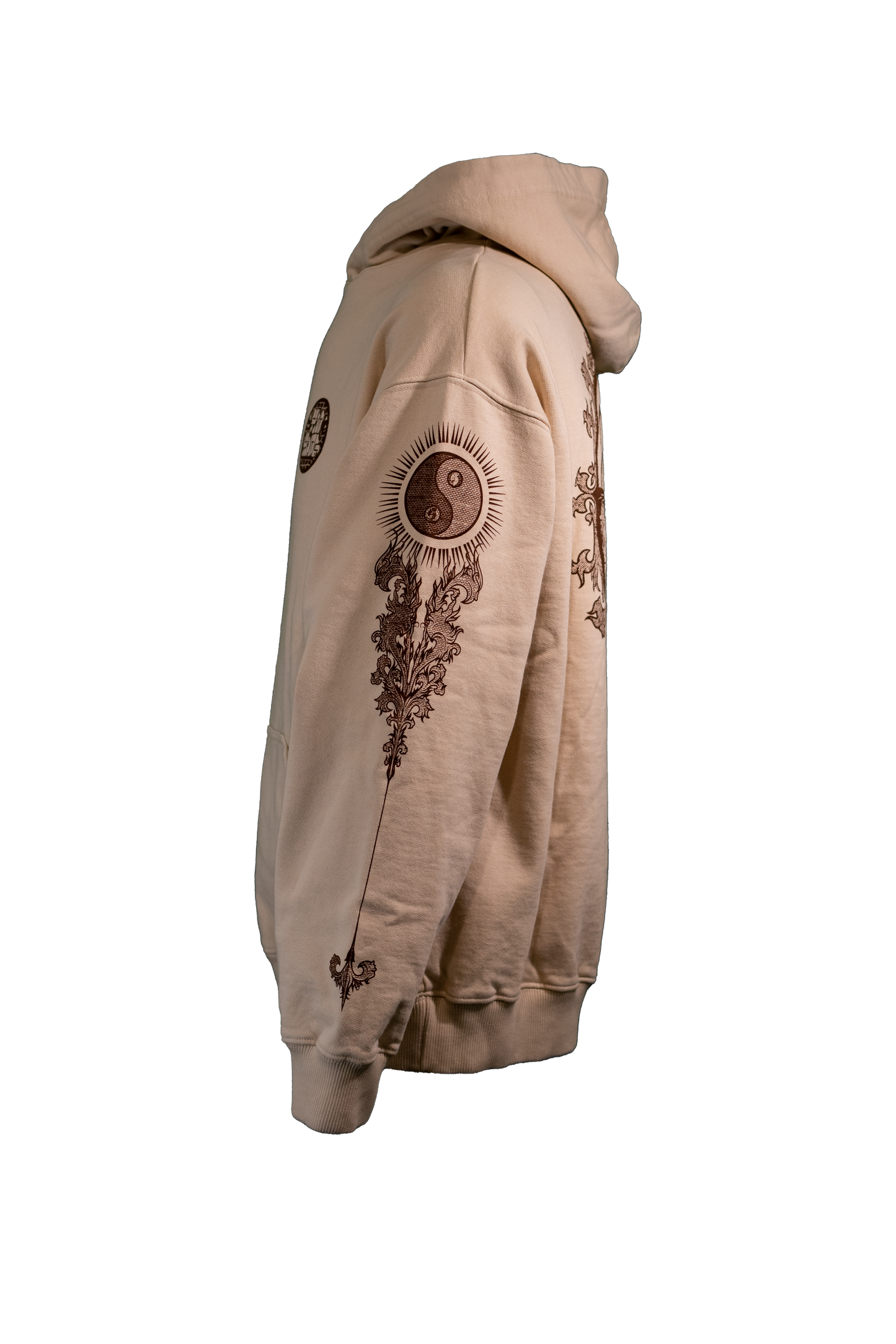 YIN-YANG Hoodie in 400GSM cloud cream with brown print, theme of perspective and balance, from Suppressed clothing.