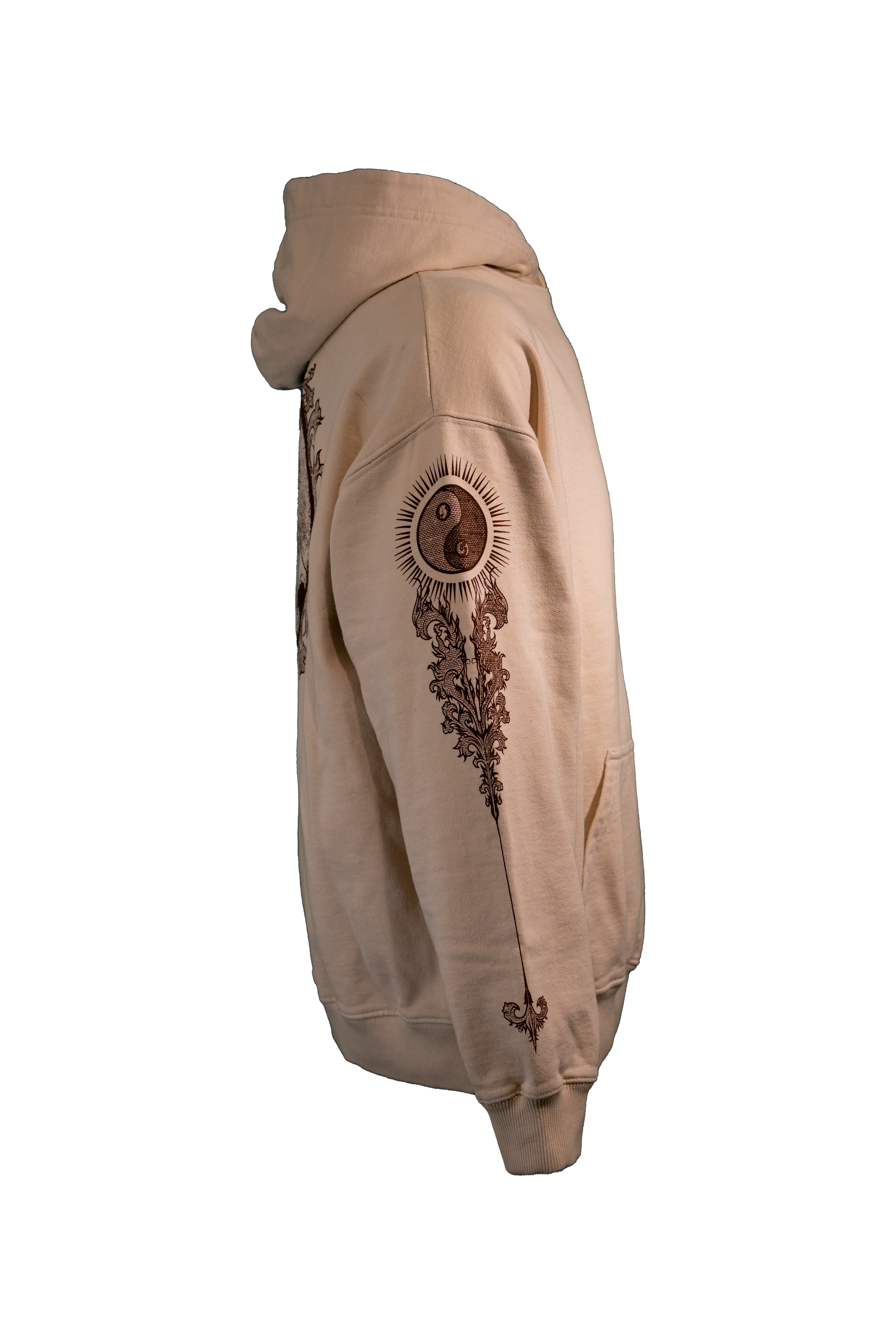 YIN-YANG Hoodie in 400GSM cloud cream with brown print, theme of perspective and balance, from Suppressed clothing.