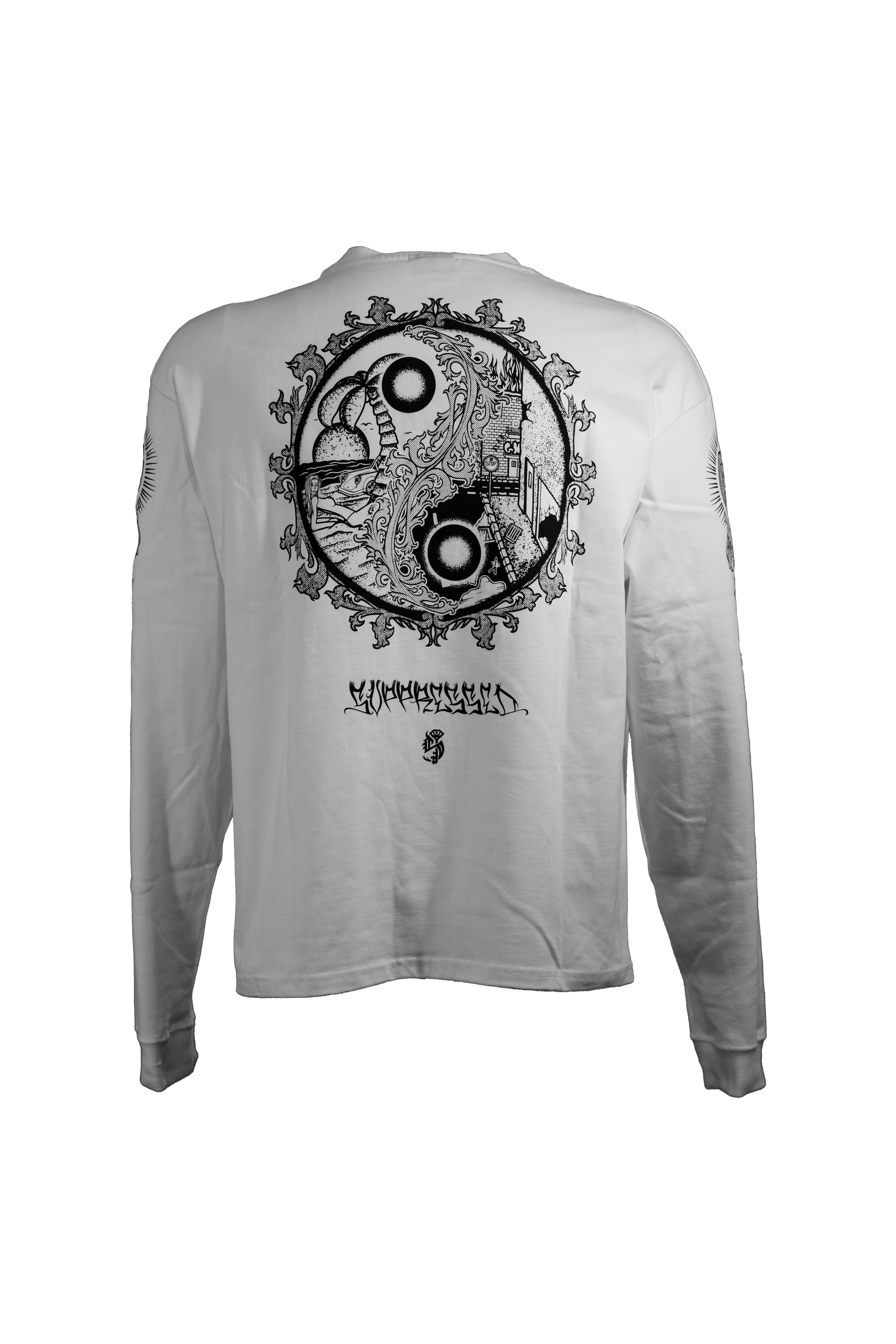 YIN-YANG white longsleeve in 290GSM with black print, theme of perspective and balance, from Suppressed clothing.