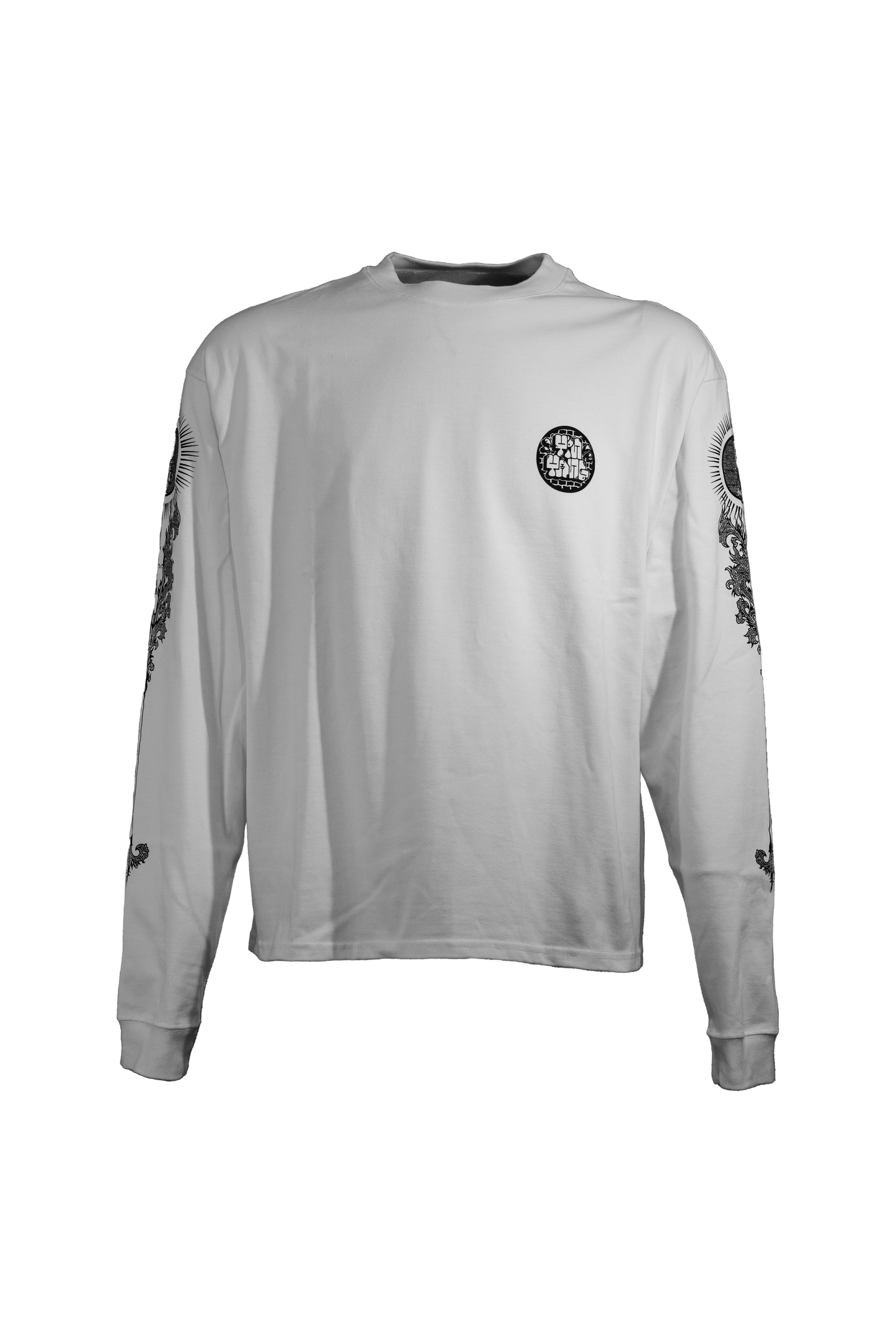 YIN-YANG white longsleeve in 290GSM with black print, theme of perspective and balance, from Suppressed clothing.